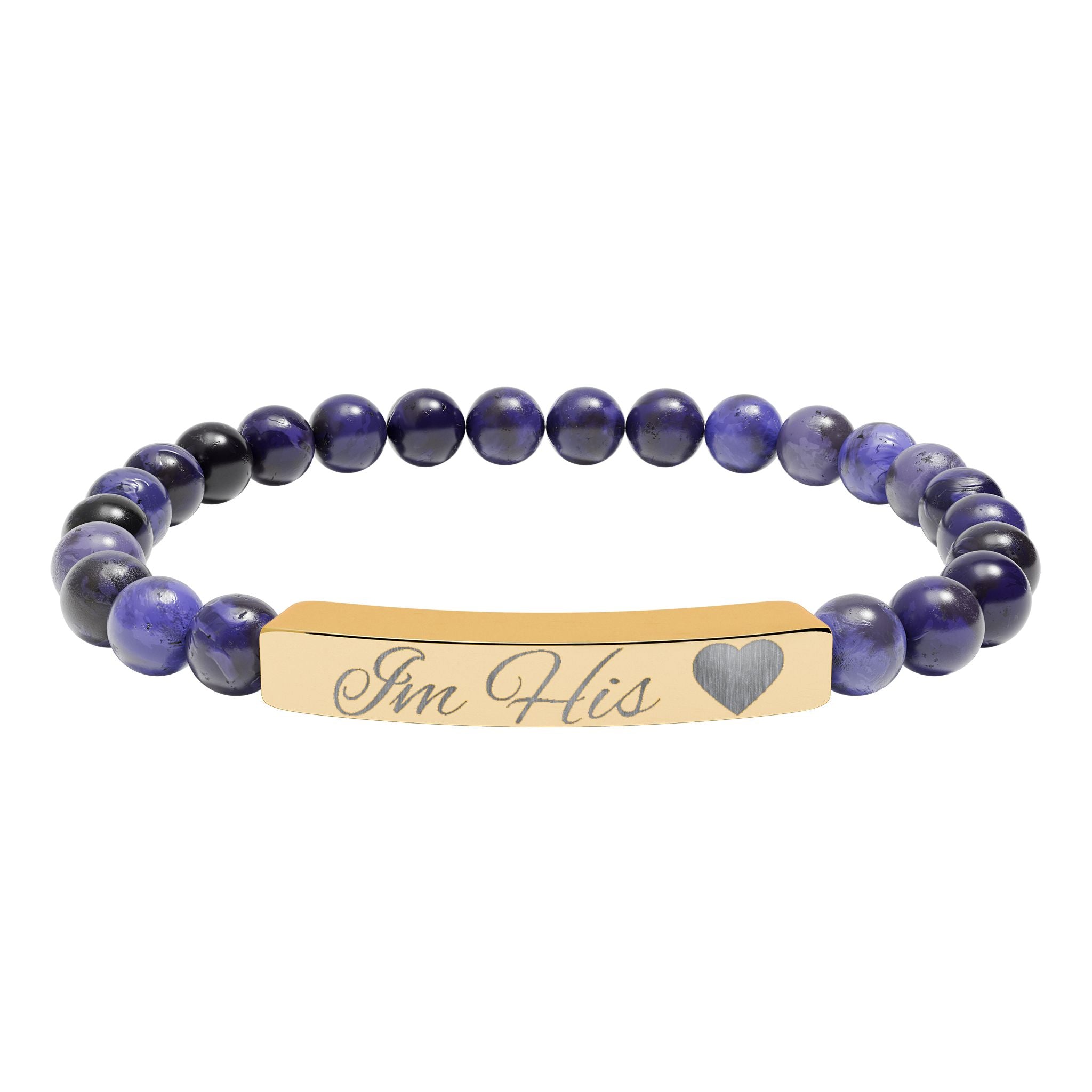 Engraved Natural Stone Stretch Bracelet — Personalized Bar with Heart