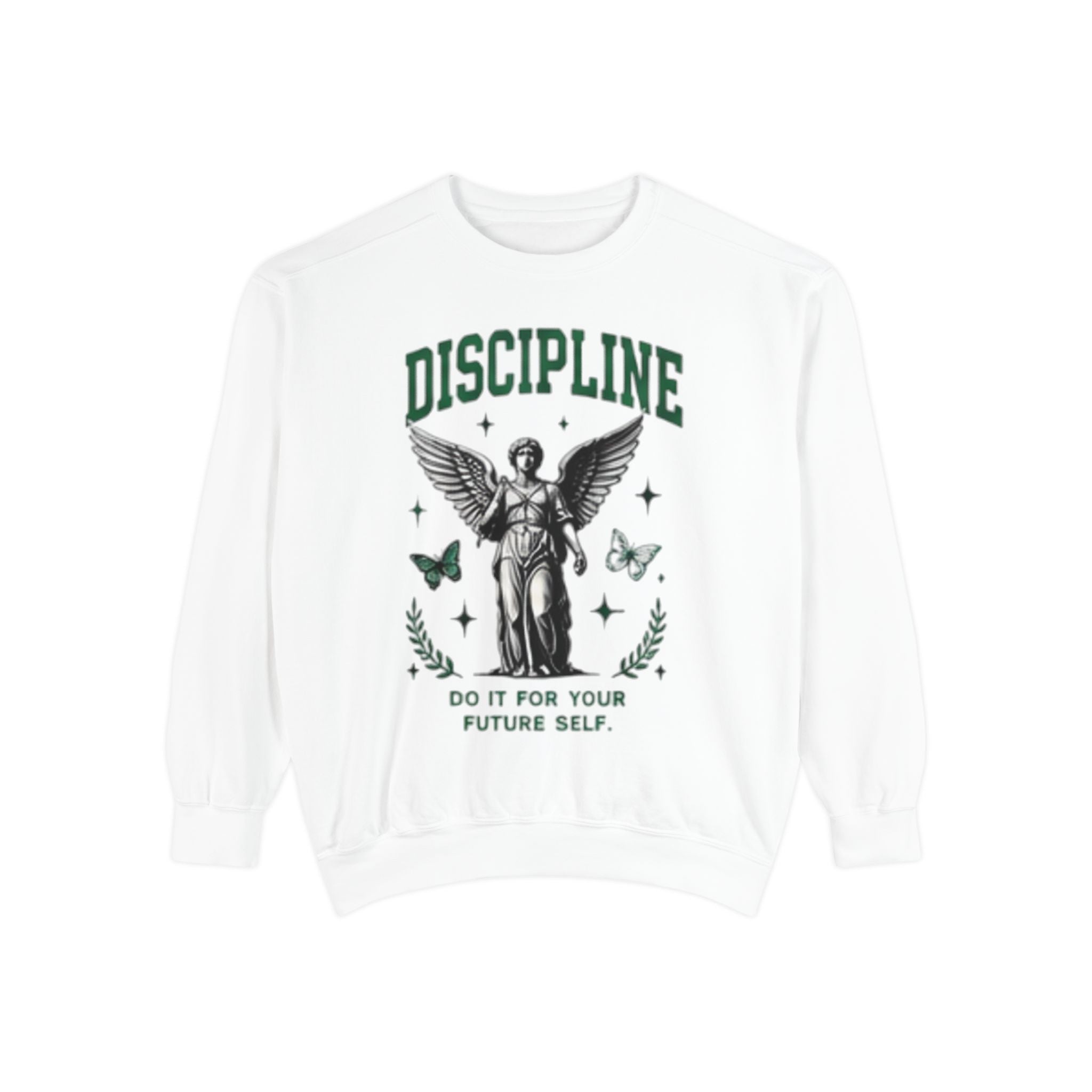Discipline Sweatshirt — 'Discipline' Angel Graphic with 'Focus Plan Execute Repeat' Motivational Back