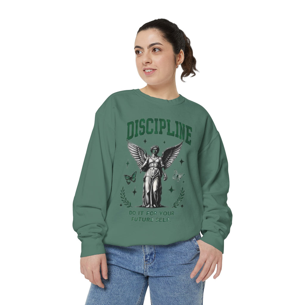 Discipline Sweatshirt — 'Discipline' Angel Graphic with 'Focus Plan Execute Repeat' Motivational Back