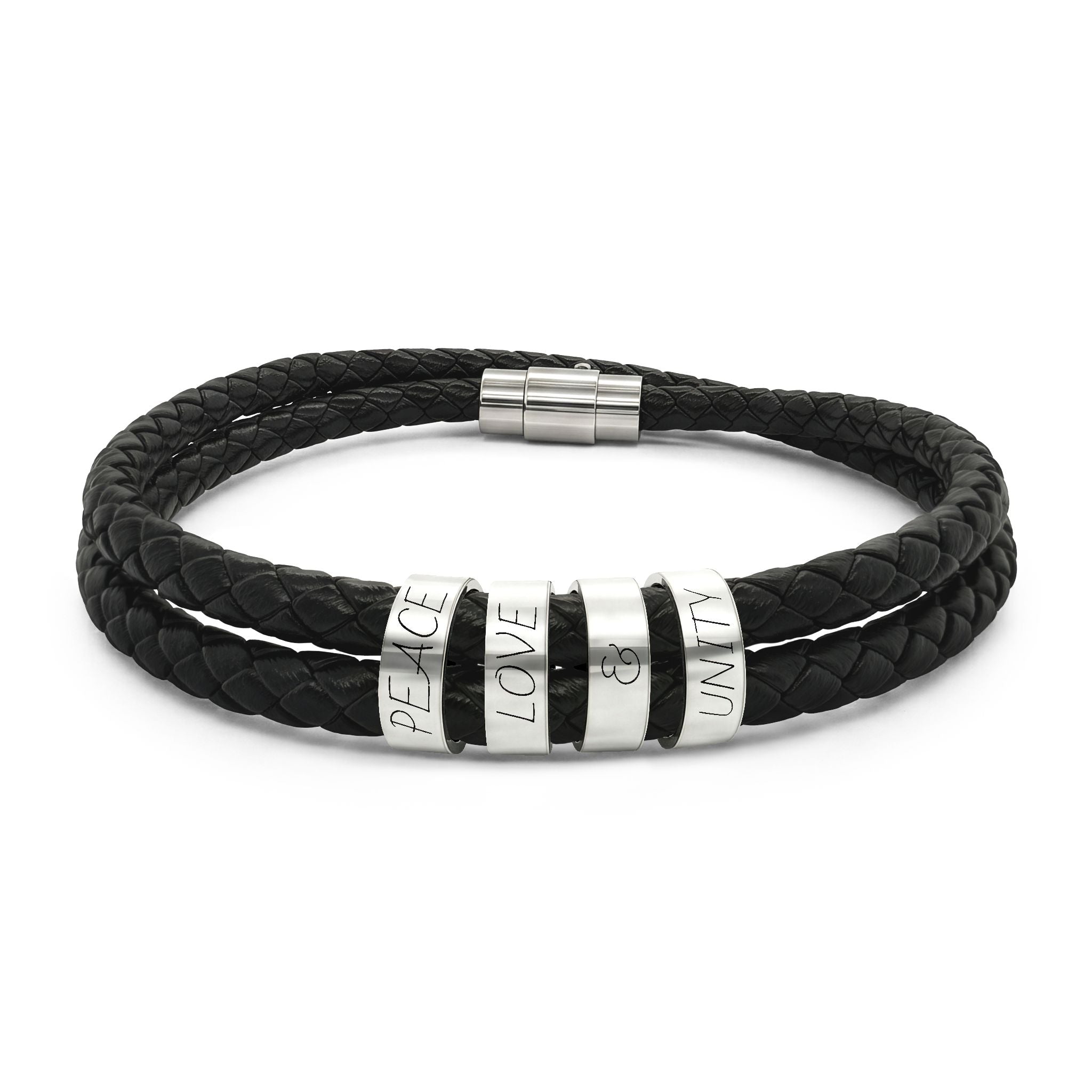 Engraved Black Braided Leather Bracelet with Stainless Steel Beads