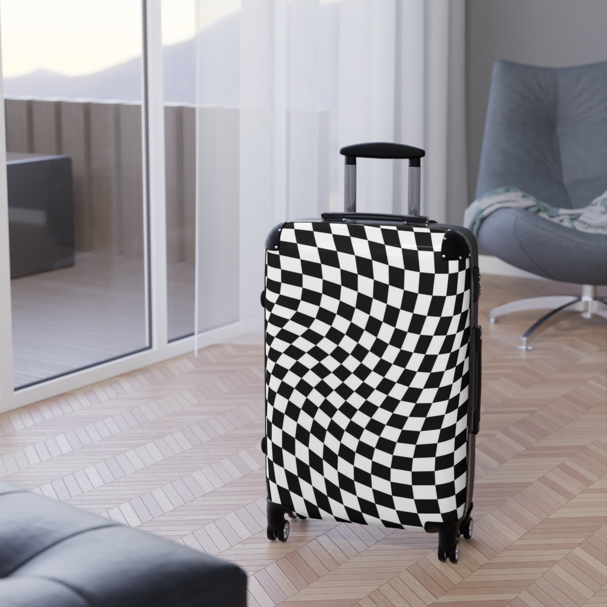 Checkerboard Optical-Illusion Suitcase — Travel Luggage