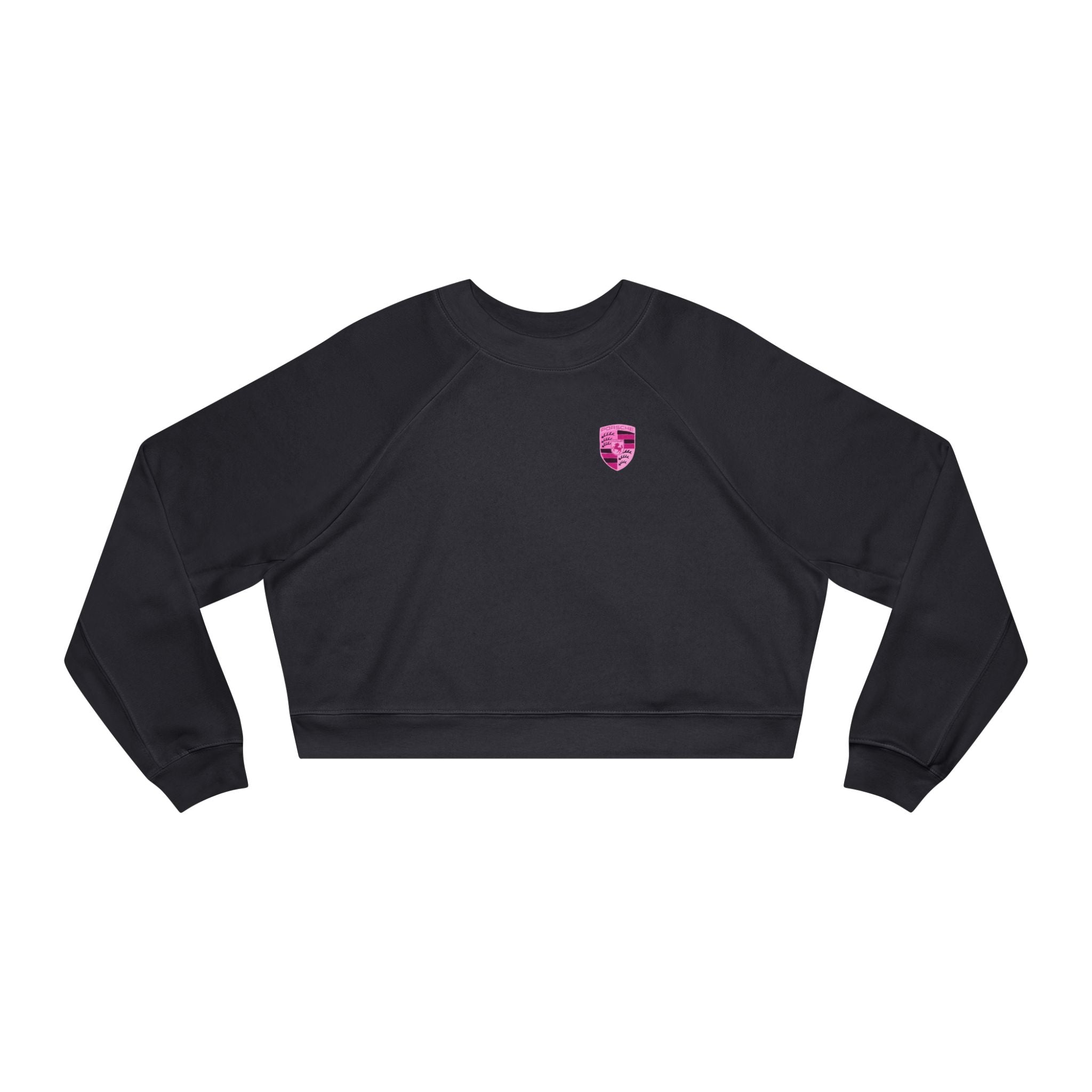 Cropped Fleece Pullover — 'Need Money for Porshe' Pink Car Graphic