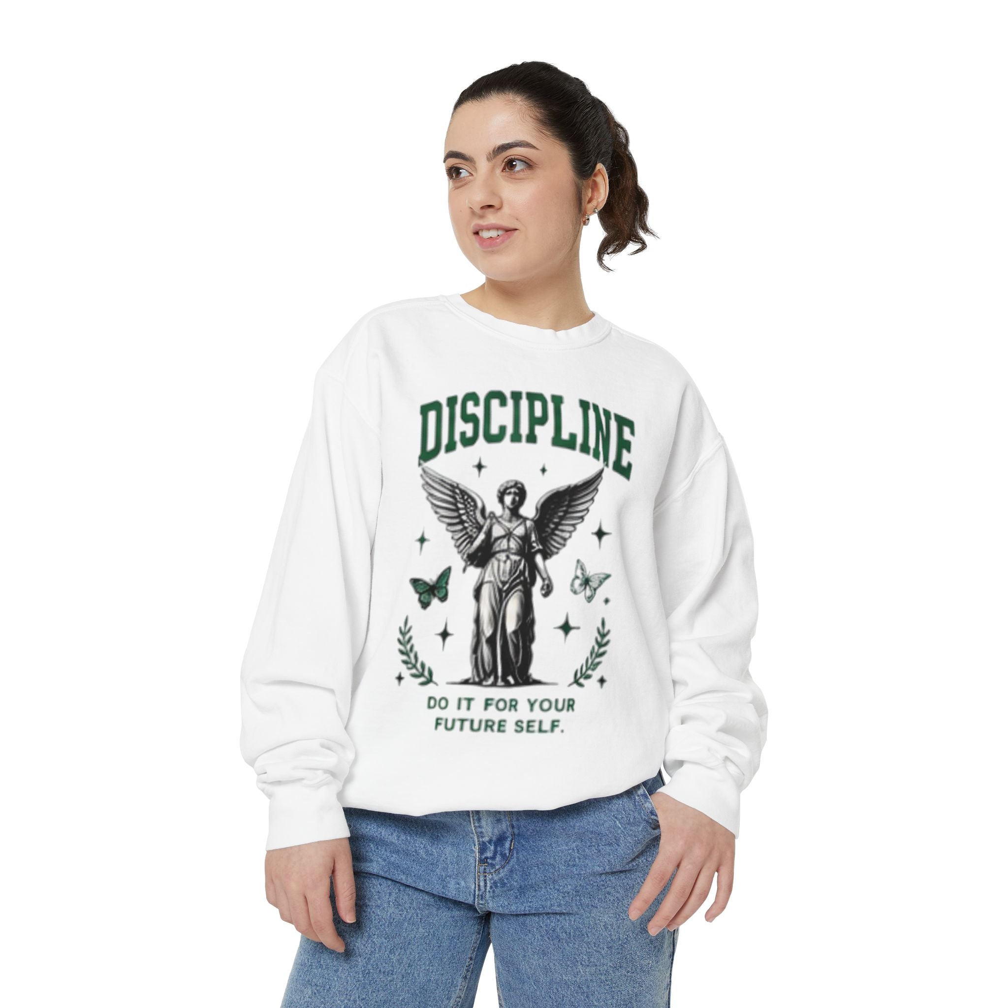 Discipline Sweatshirt — 'Discipline' Angel Graphic with 'Focus Plan Execute Repeat' Motivational Back