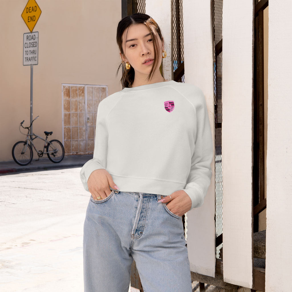 Cropped Fleece Pullover — 'Need Money for Porshe' Pink Car Graphic