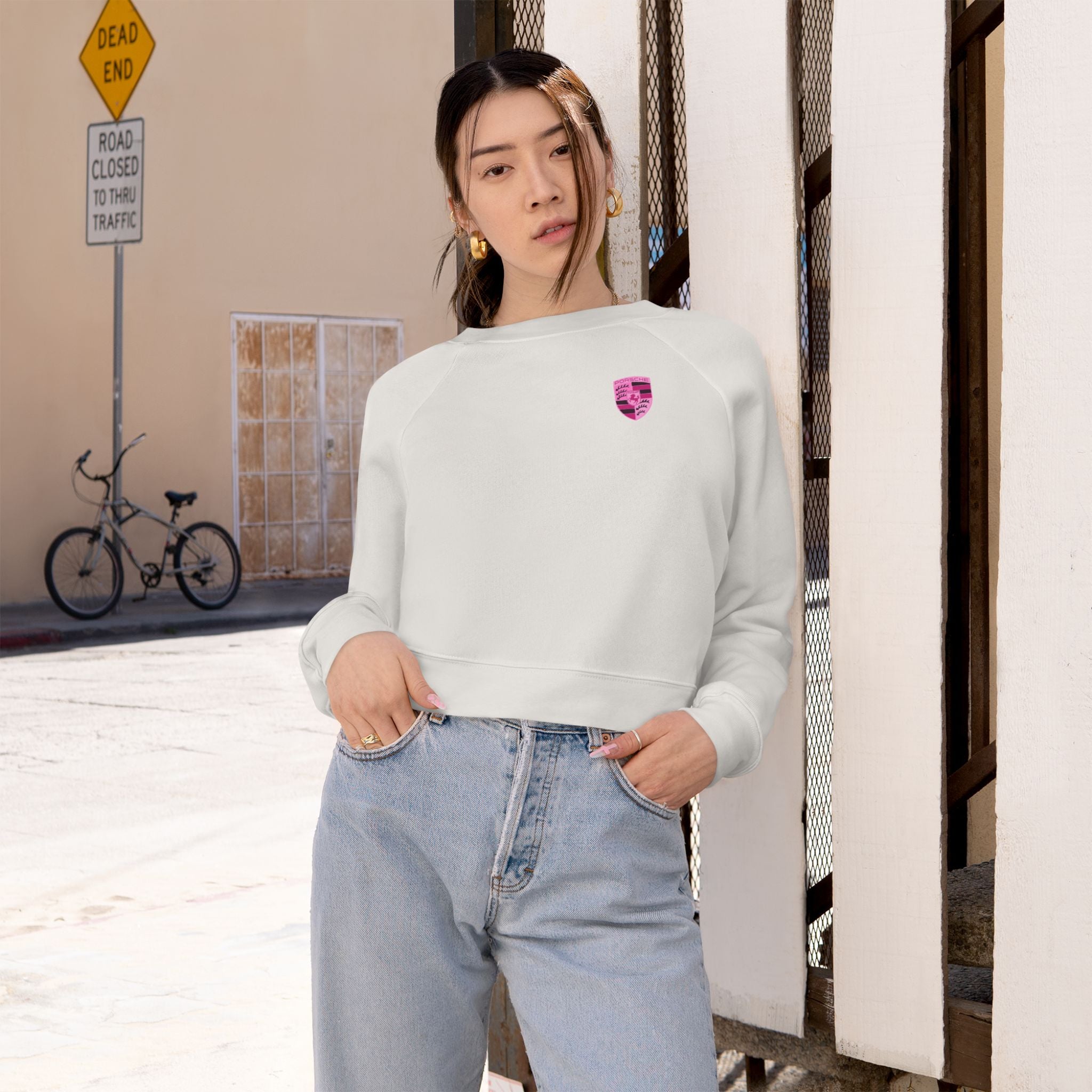 Cropped Fleece Pullover — 'Need Money for Porshe' Pink Car Graphic