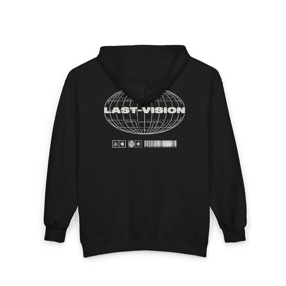 Last Vision Globe Zip Hoodie — Retro Tech Graphic Full-Zip Sweatshirt
