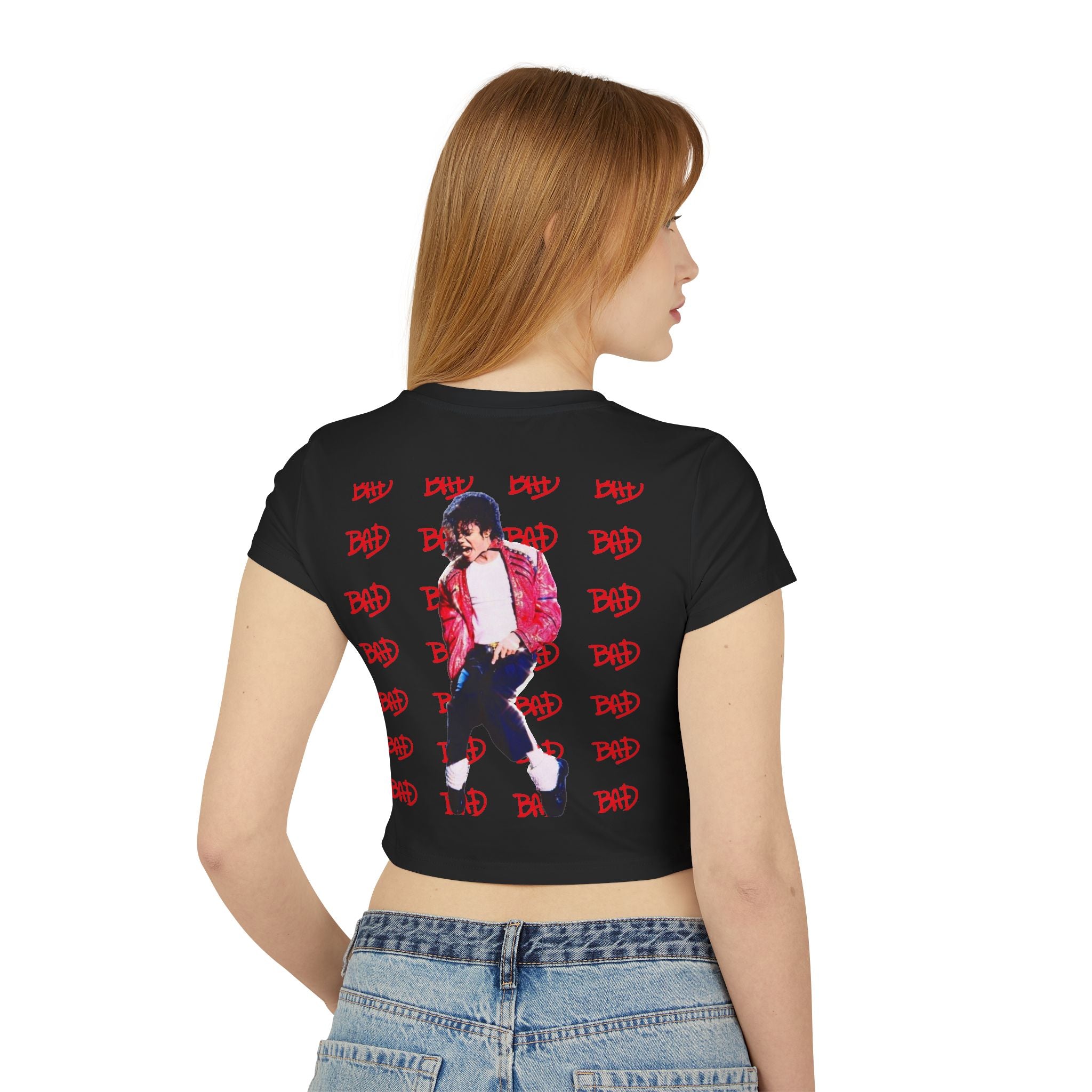 Women's Baby Tee — 'BAD' Red Logo Crop Top with Retro Dance Graphic