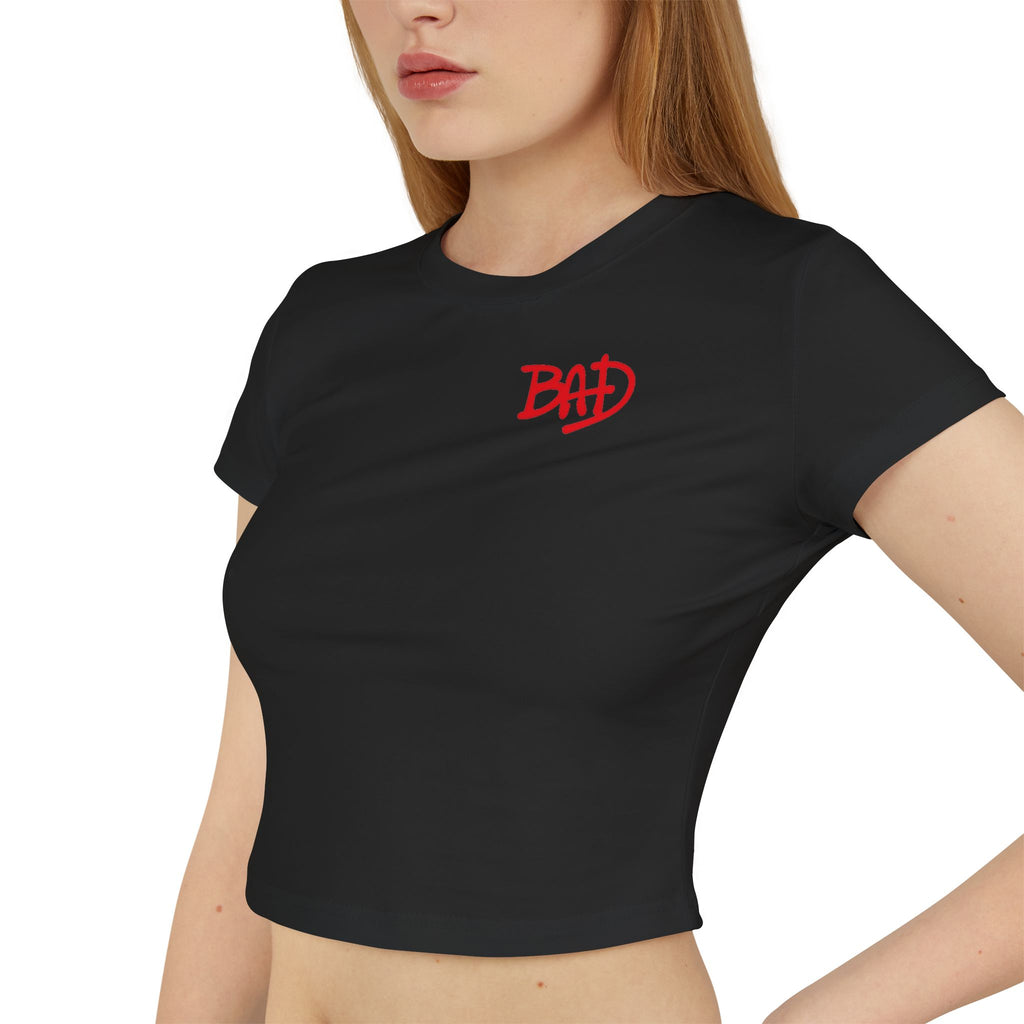 Women's Baby Tee — 'BAD' Red Logo Crop Top with Retro Dance Graphic