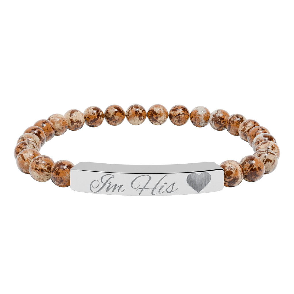 Engraved Natural Stone Stretch Bracelet — Personalized Bar with Heart