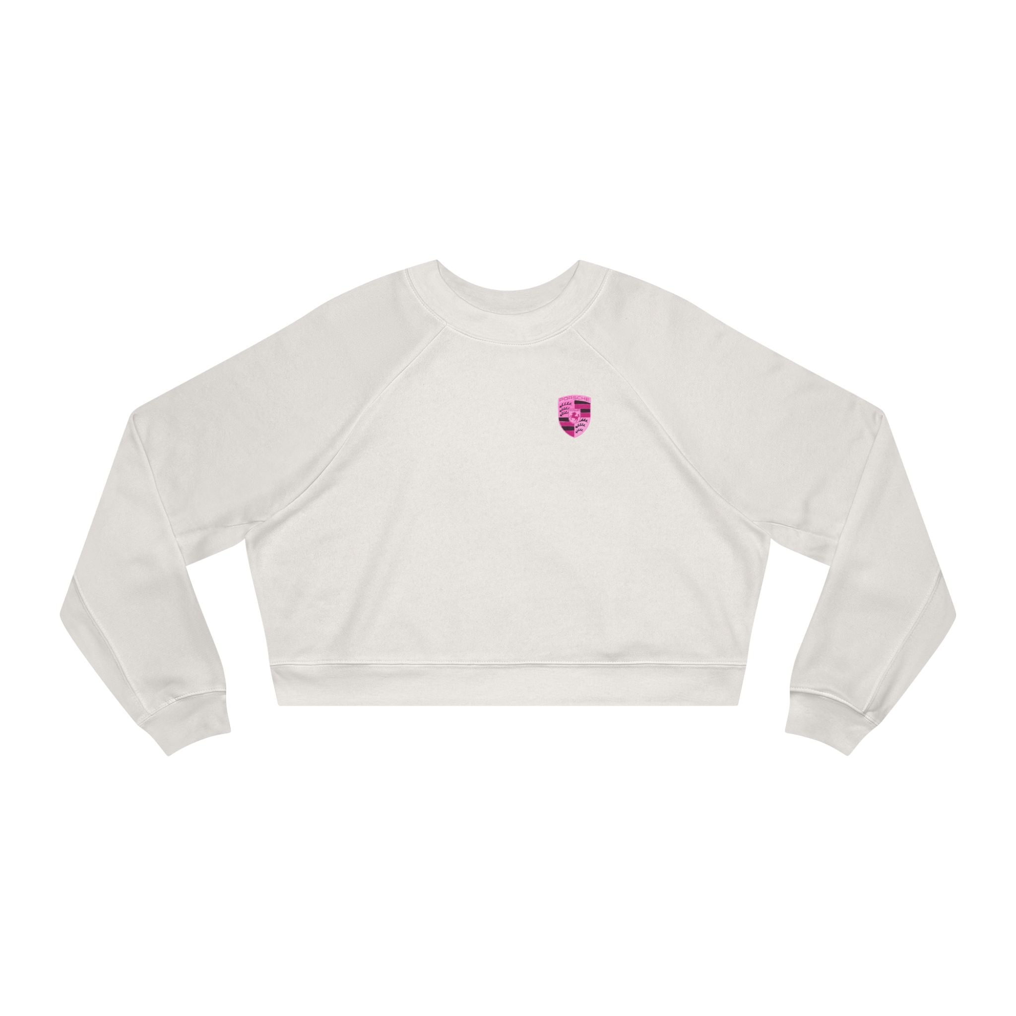 Cropped Fleece Pullover — 'Need Money for Porshe' Pink Car Graphic