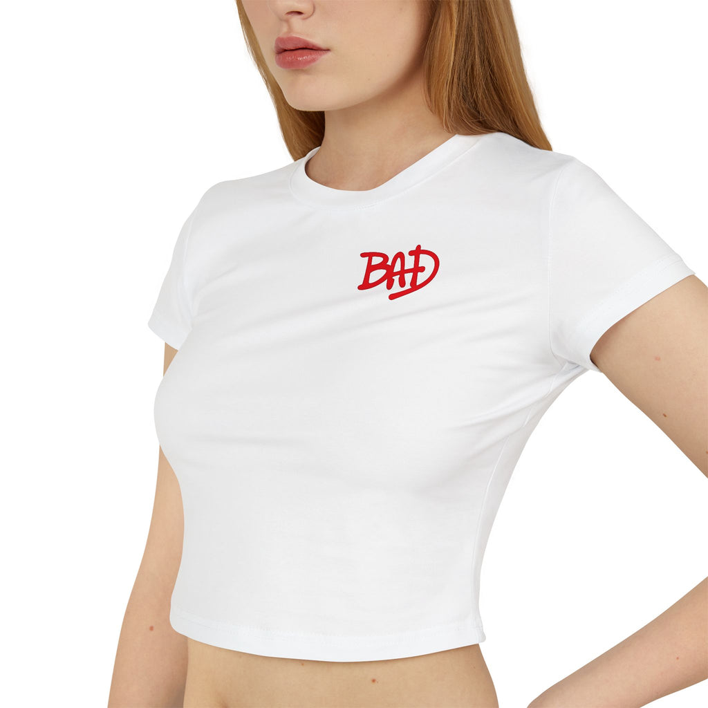 Women's Baby Tee — 'BAD' Red Logo Crop Top with Retro Dance Graphic