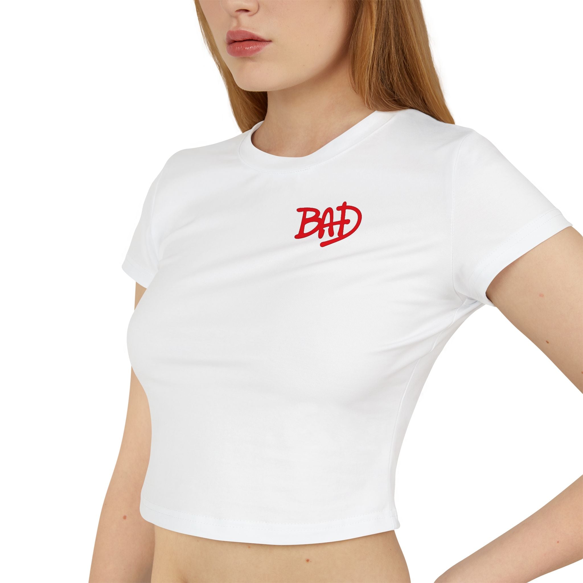 Women's Baby Tee — 'BAD' Red Logo Crop Top with Retro Dance Graphic