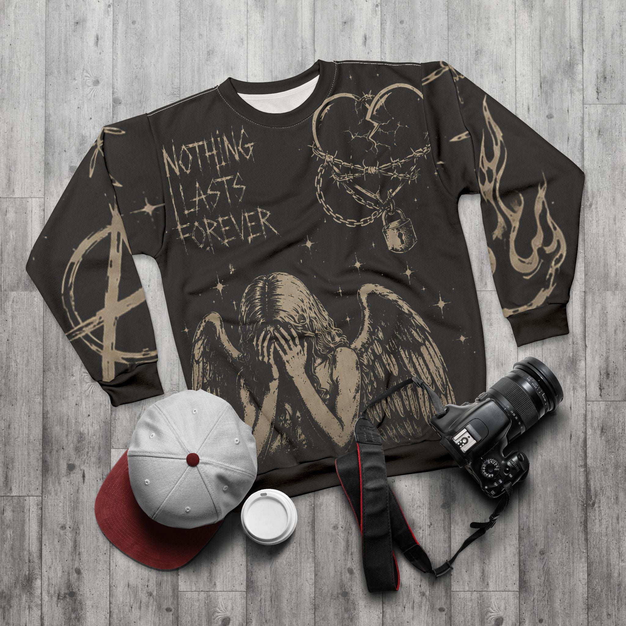 Nothing Lasts Forever Graphic Sweatshirt — Gothic Angel, Anarchy & Barbed Wire Design