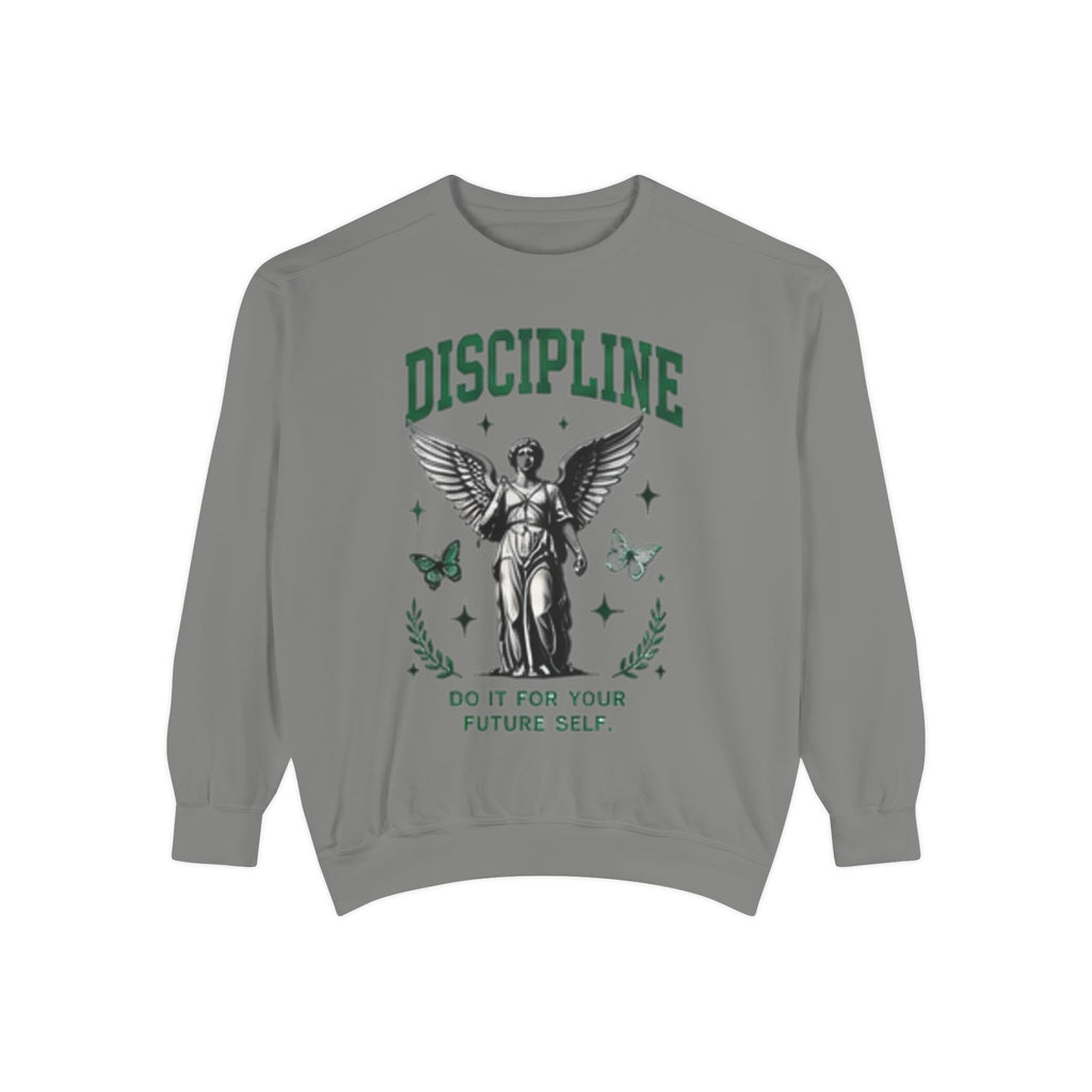 Discipline Sweatshirt — 'Discipline' Angel Graphic with 'Focus Plan Execute Repeat' Motivational Back