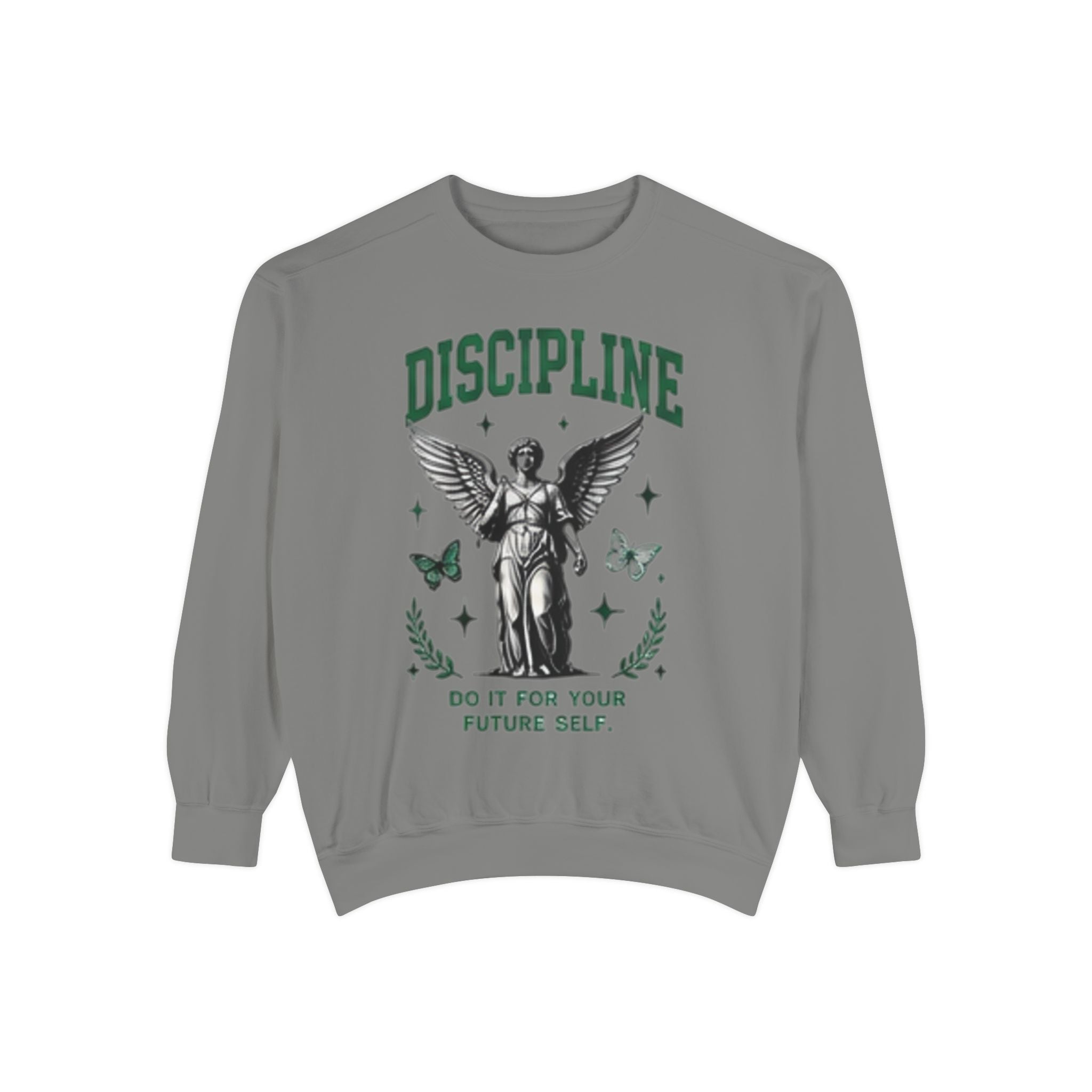 Discipline Sweatshirt — 'Discipline' Angel Graphic with 'Focus Plan Execute Repeat' Motivational Back