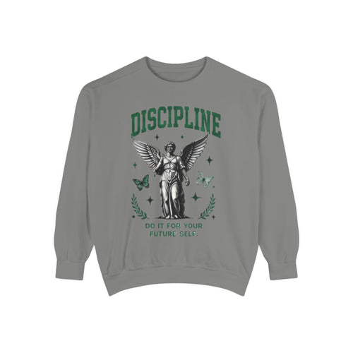 Discipline Sweatshirt — 'Discipline' Angel Graphic with 'Focus Plan Execute Repeat' Motivational Back