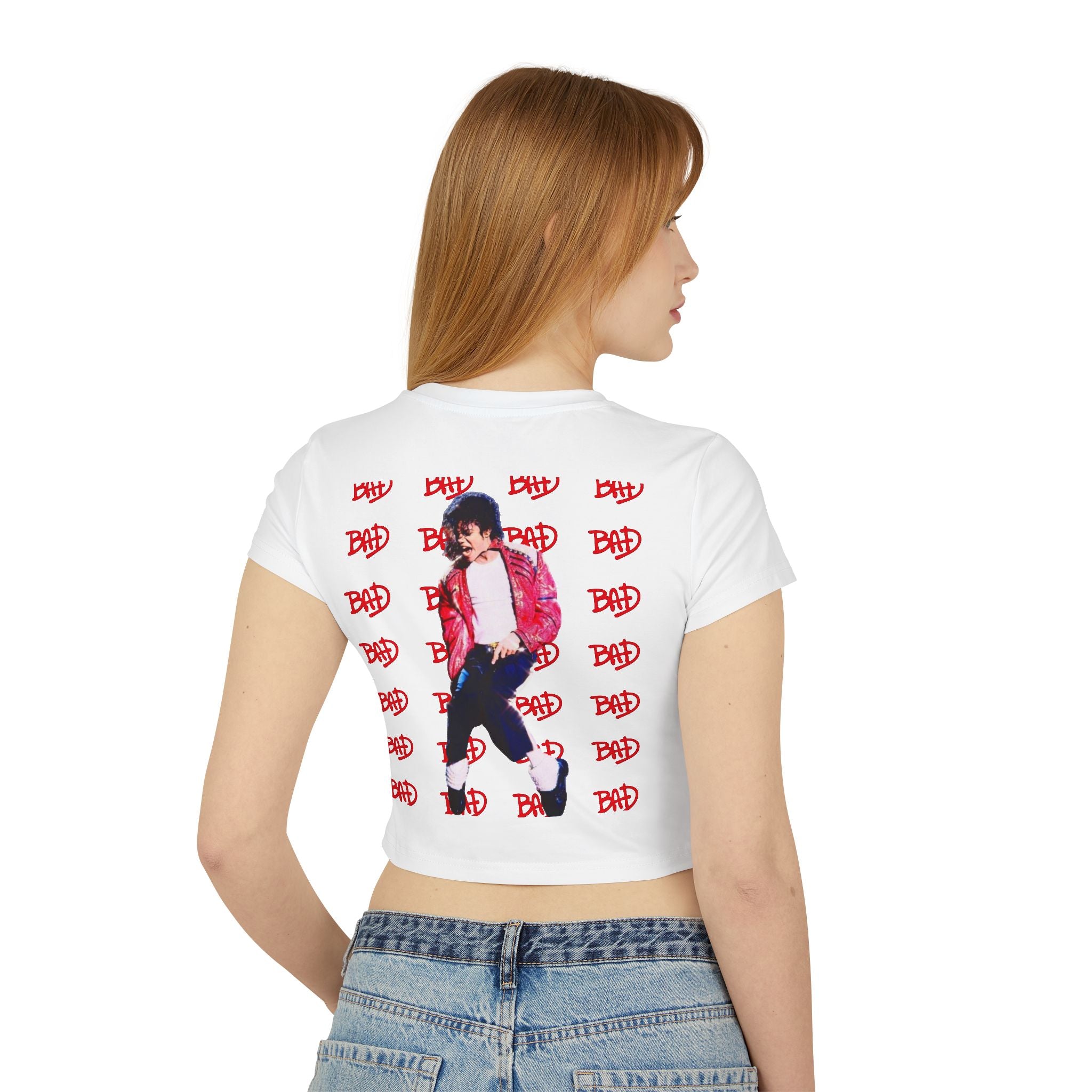 Women's Baby Tee — 'BAD' Red Logo Crop Top with Retro Dance Graphic