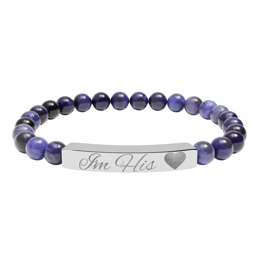 Engraved Natural Stone Stretch Bracelet — Personalized Bar with Heart
