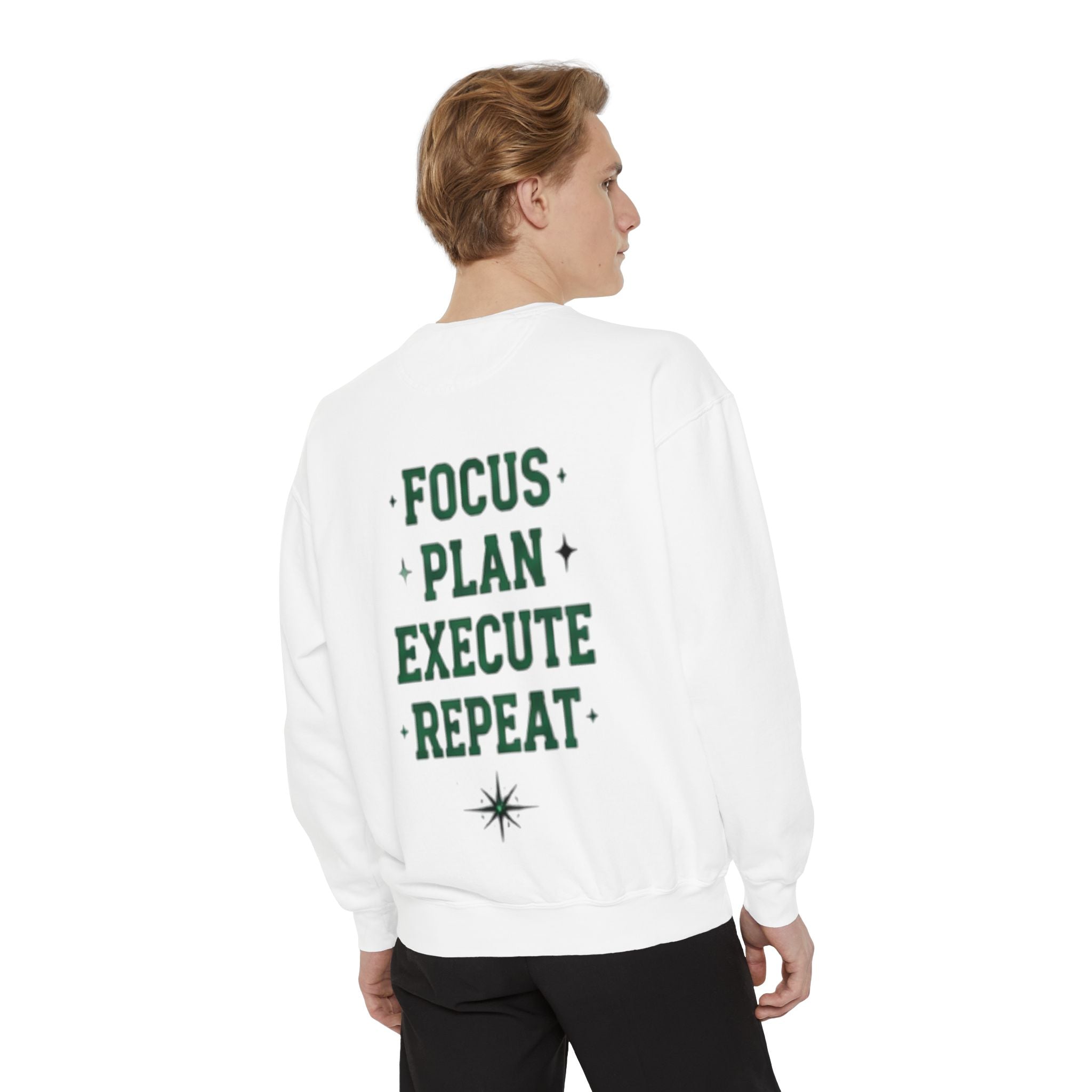 Discipline Sweatshirt — 'Discipline' Angel Graphic with 'Focus Plan Execute Repeat' Motivational Back