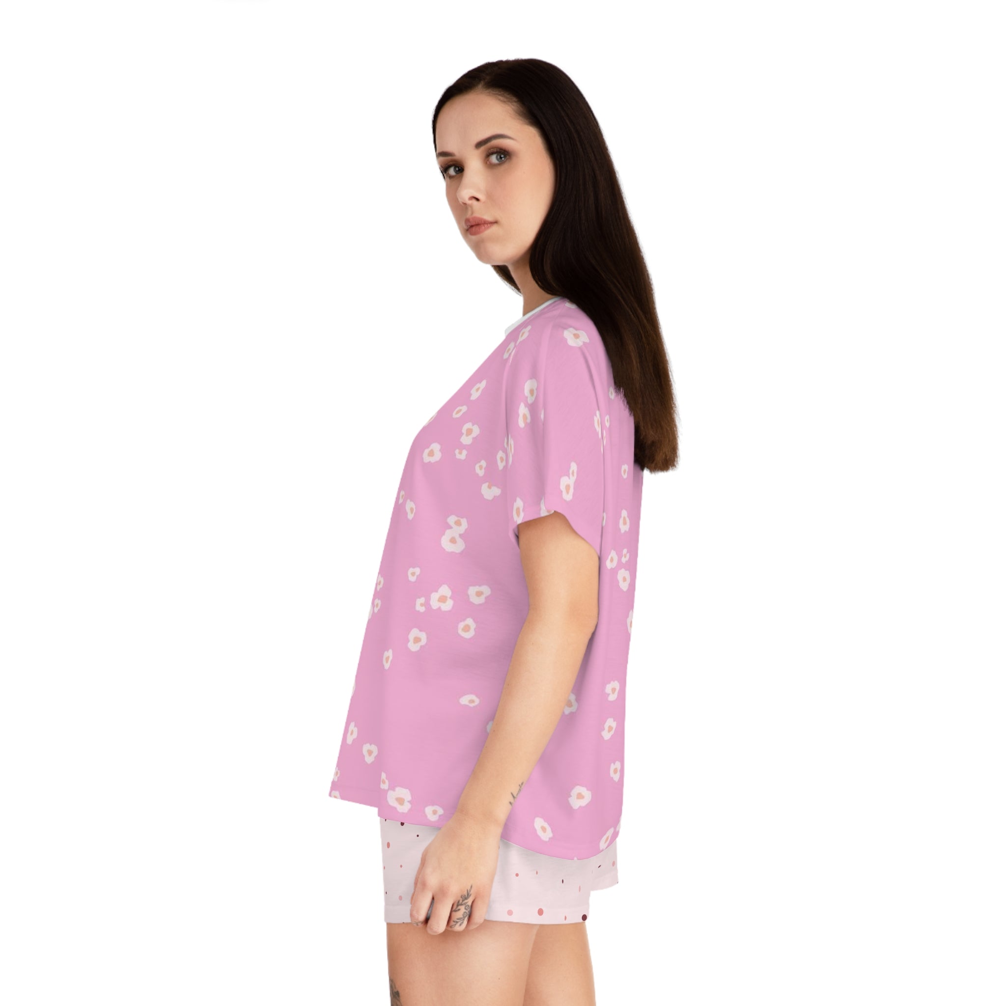 Pink Floral Women's Pajama Set — Short Sleeve Top & Star Print Shorts