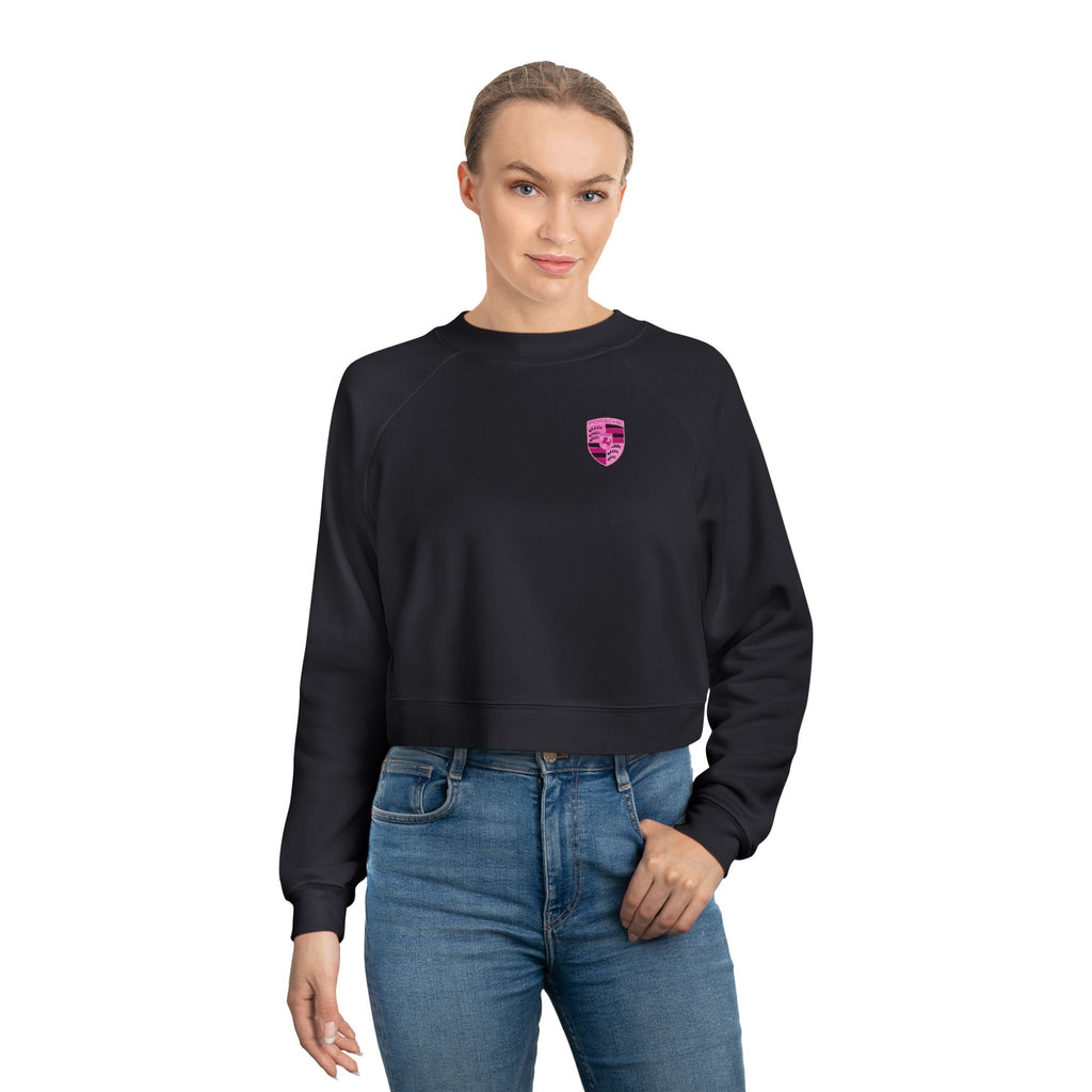 Cropped Fleece Pullover — 'Need Money for Porshe' Pink Car Graphic