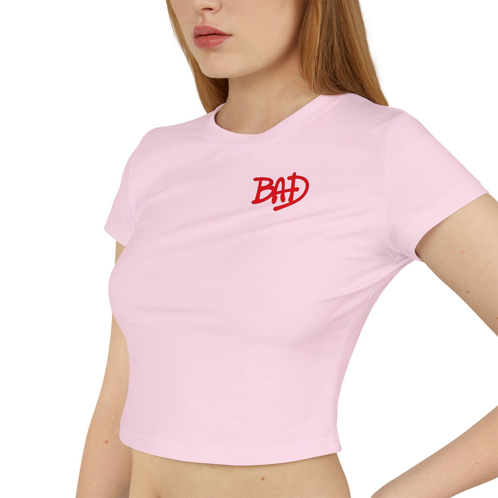Women's Baby Tee — 'BAD' Red Logo Crop Top with Retro Dance Graphic