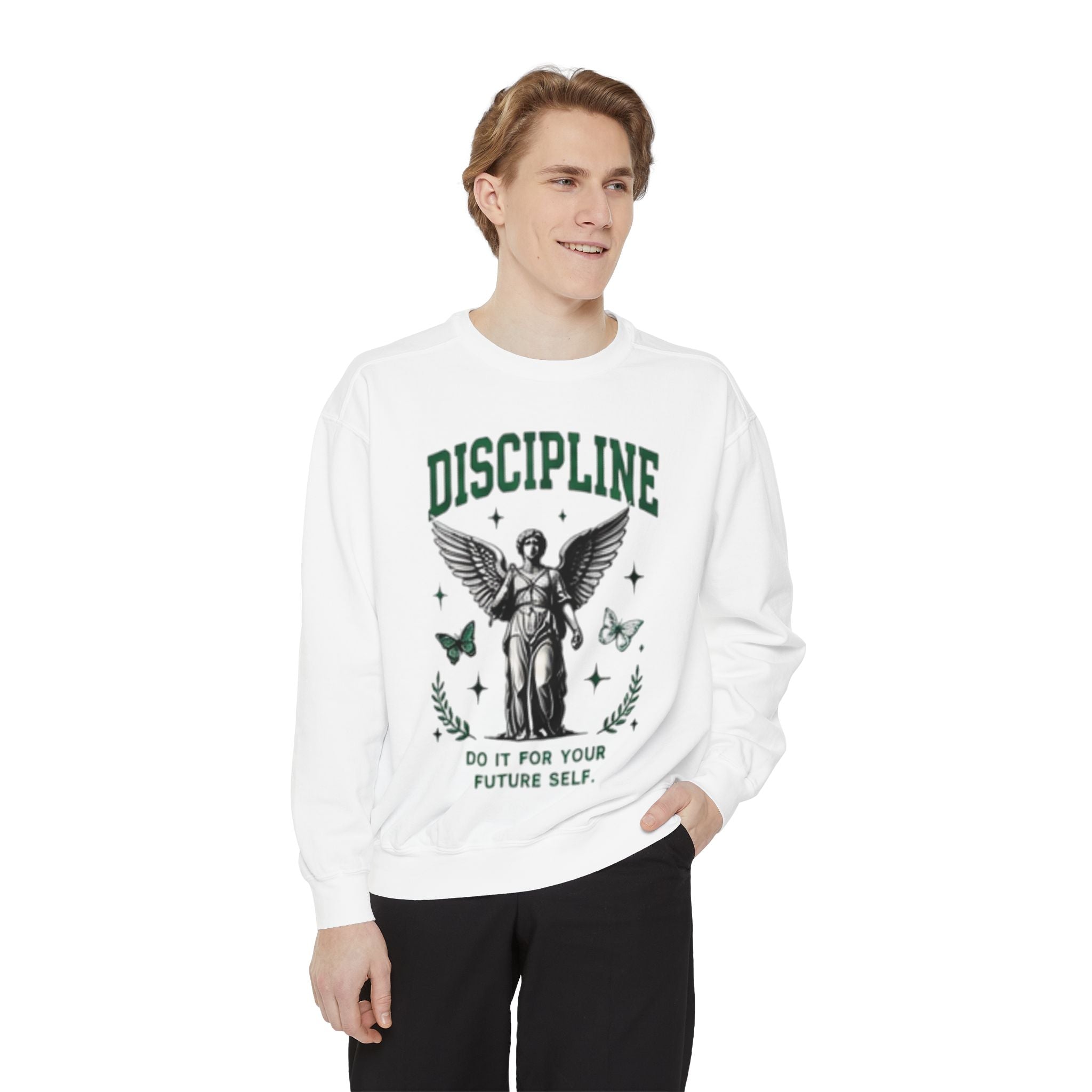 Discipline Sweatshirt — 'Discipline' Angel Graphic with 'Focus Plan Execute Repeat' Motivational Back