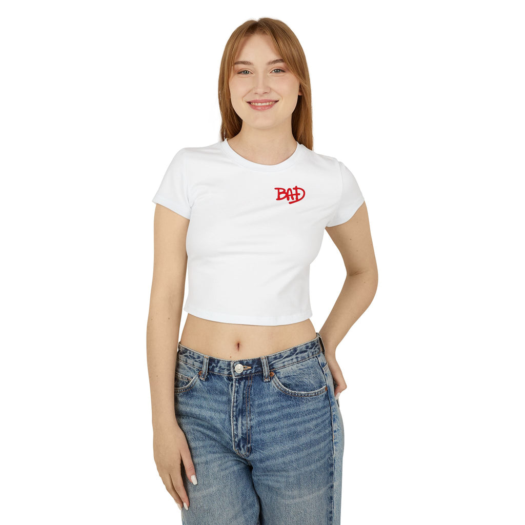 Women's Baby Tee — 'BAD' Red Logo Crop Top with Retro Dance Graphic