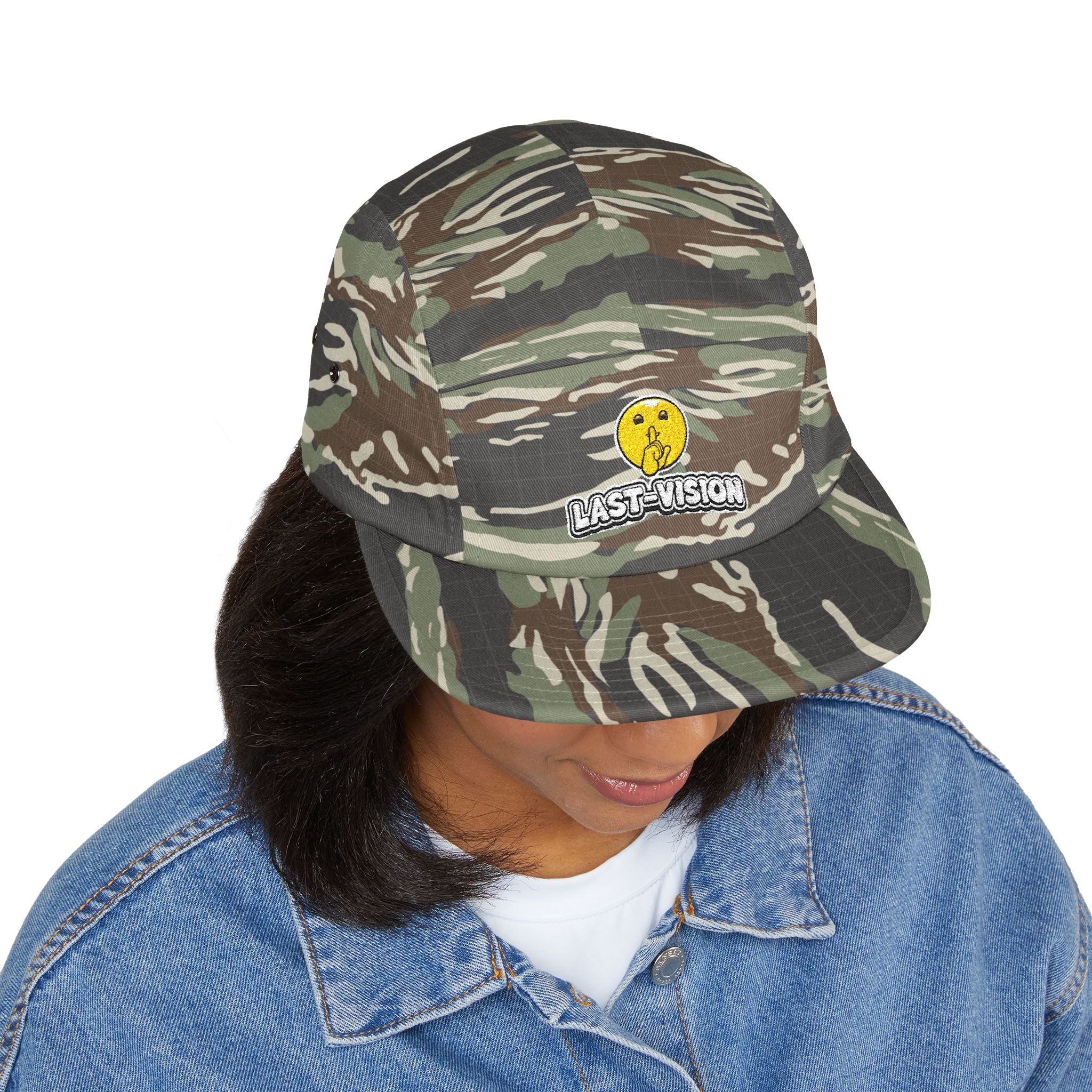 Last Vision Embroidered 5-Panel Cap — Retro Smiley Patch