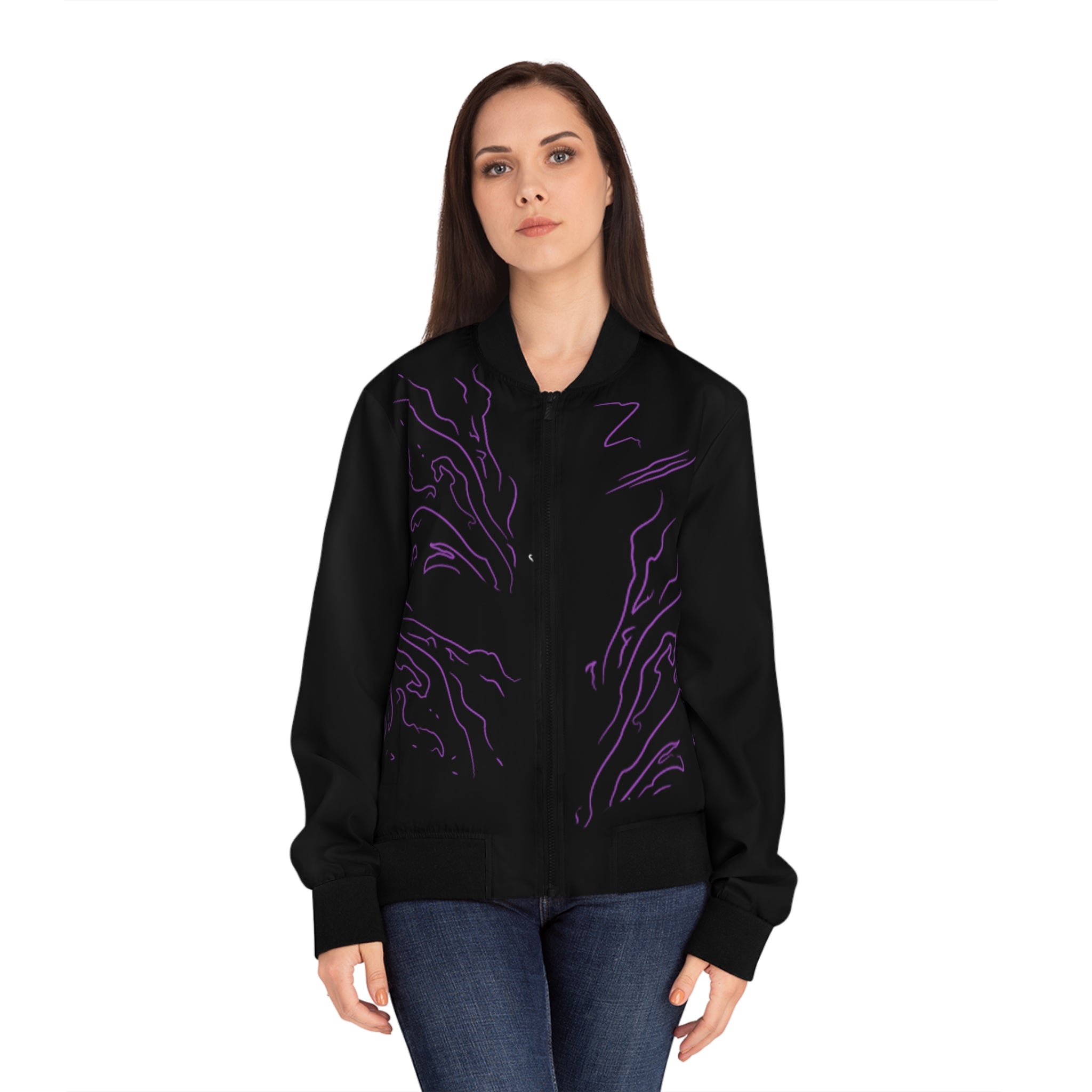 Anime solo leveling Swordswoman Bomber Jacket — Black & Purple Graphic