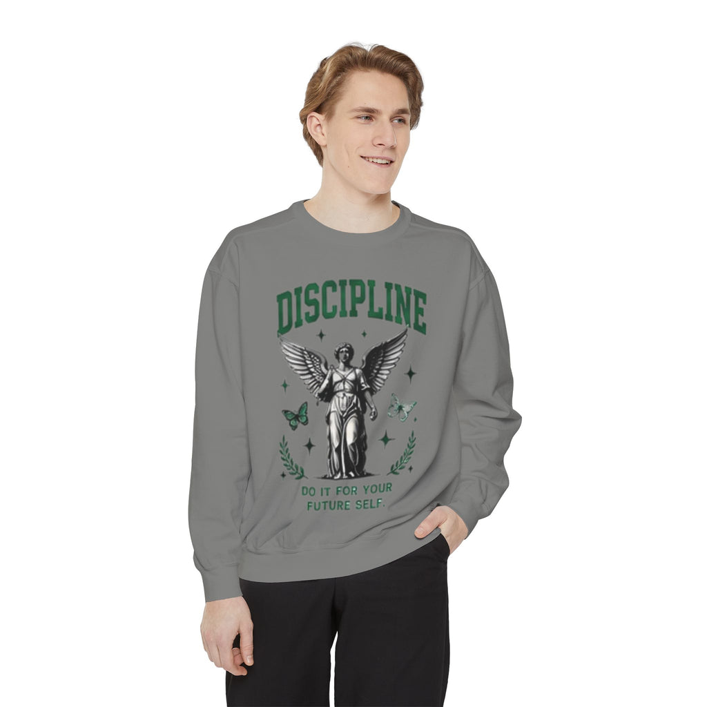 Discipline Sweatshirt — 'Discipline' Angel Graphic with 'Focus Plan Execute Repeat' Motivational Back
