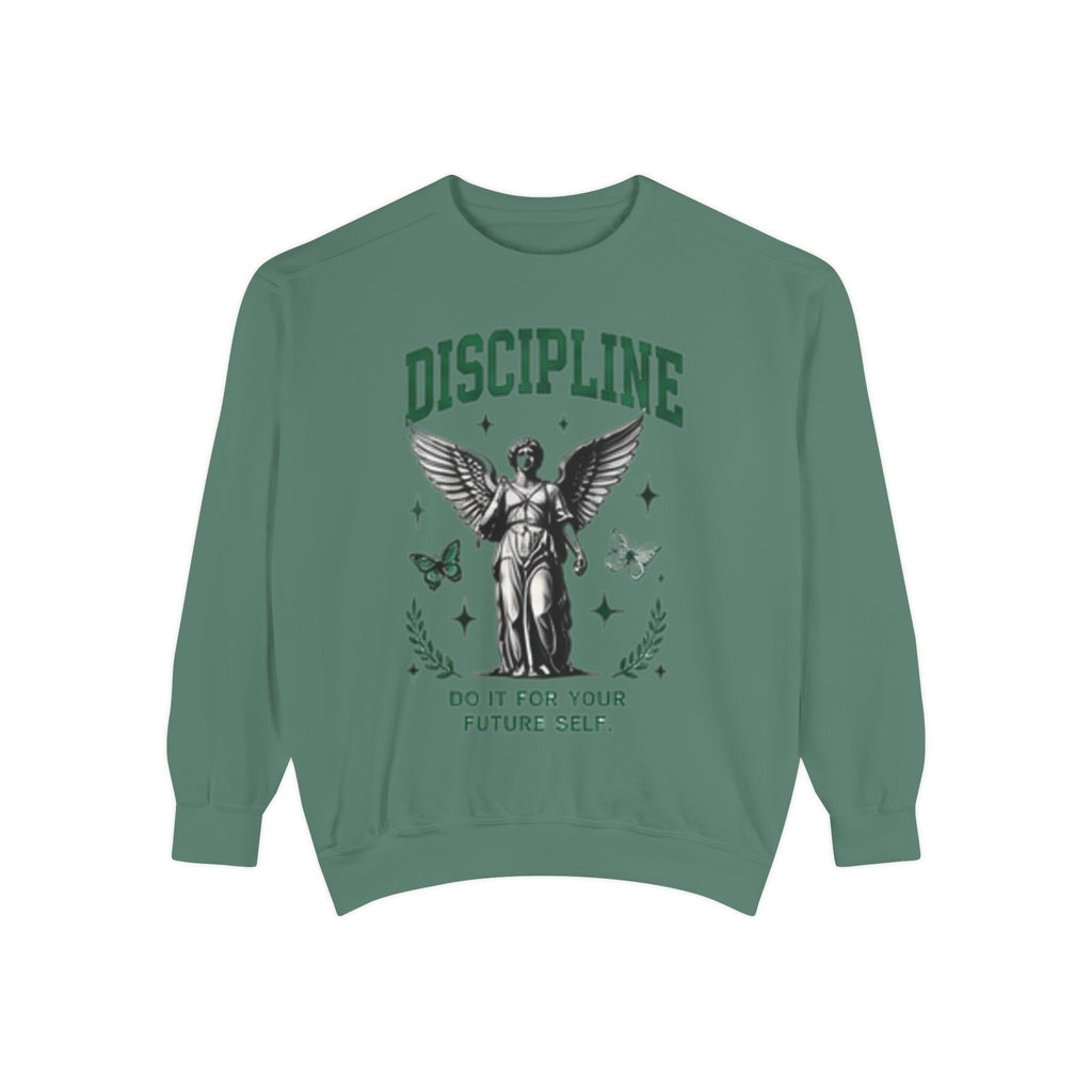 Discipline Sweatshirt — 'Discipline' Angel Graphic with 'Focus Plan Execute Repeat' Motivational Back