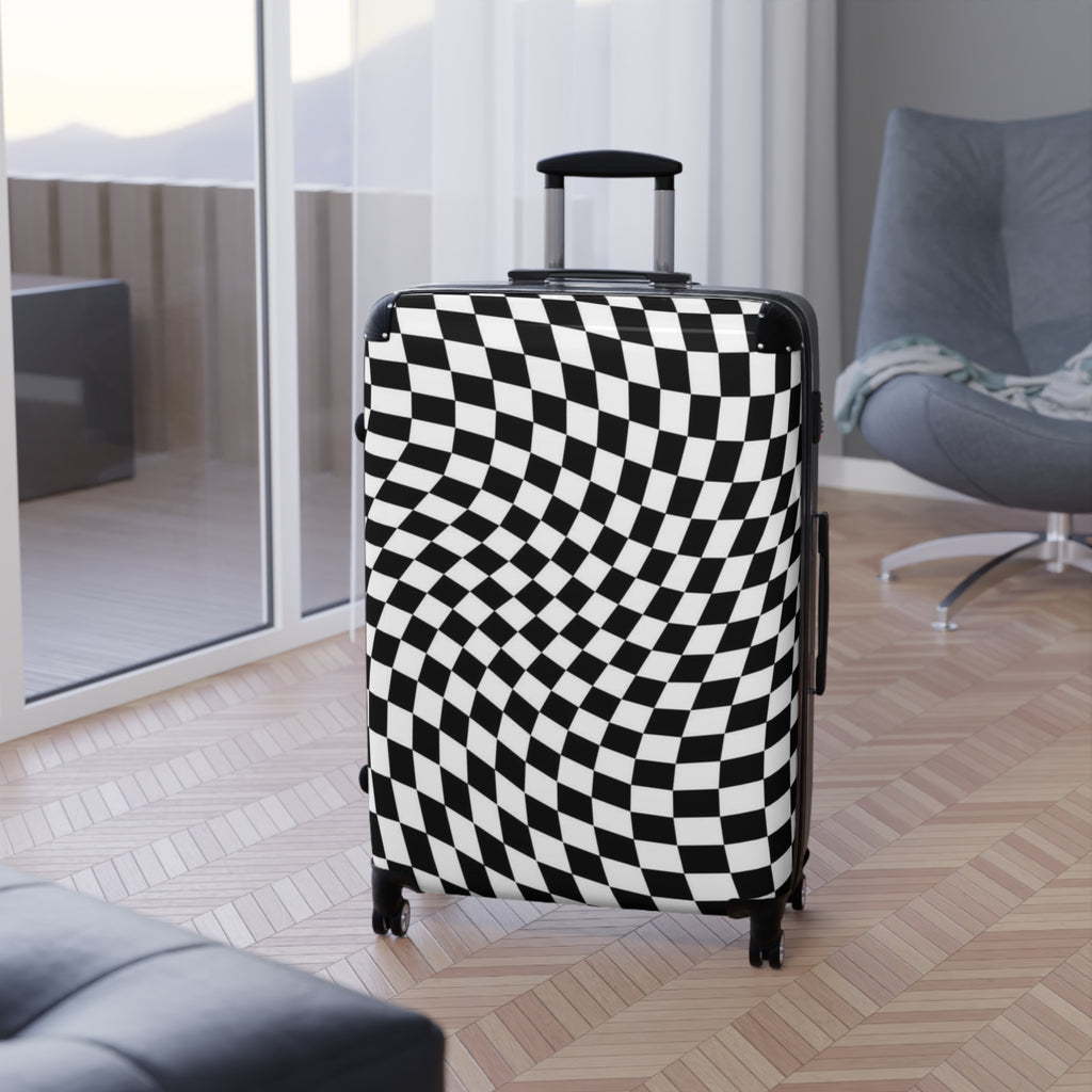 Checkerboard Optical-Illusion Suitcase — Travel Luggage