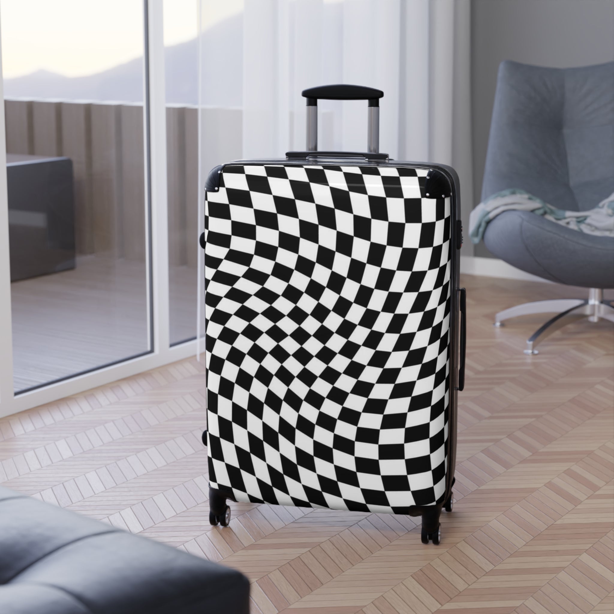 Checkerboard Optical-Illusion Suitcase — Travel Luggage