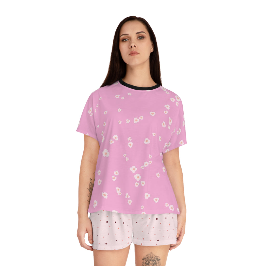 Pink Floral Women's Pajama Set — Short Sleeve Top & Star Print Shorts