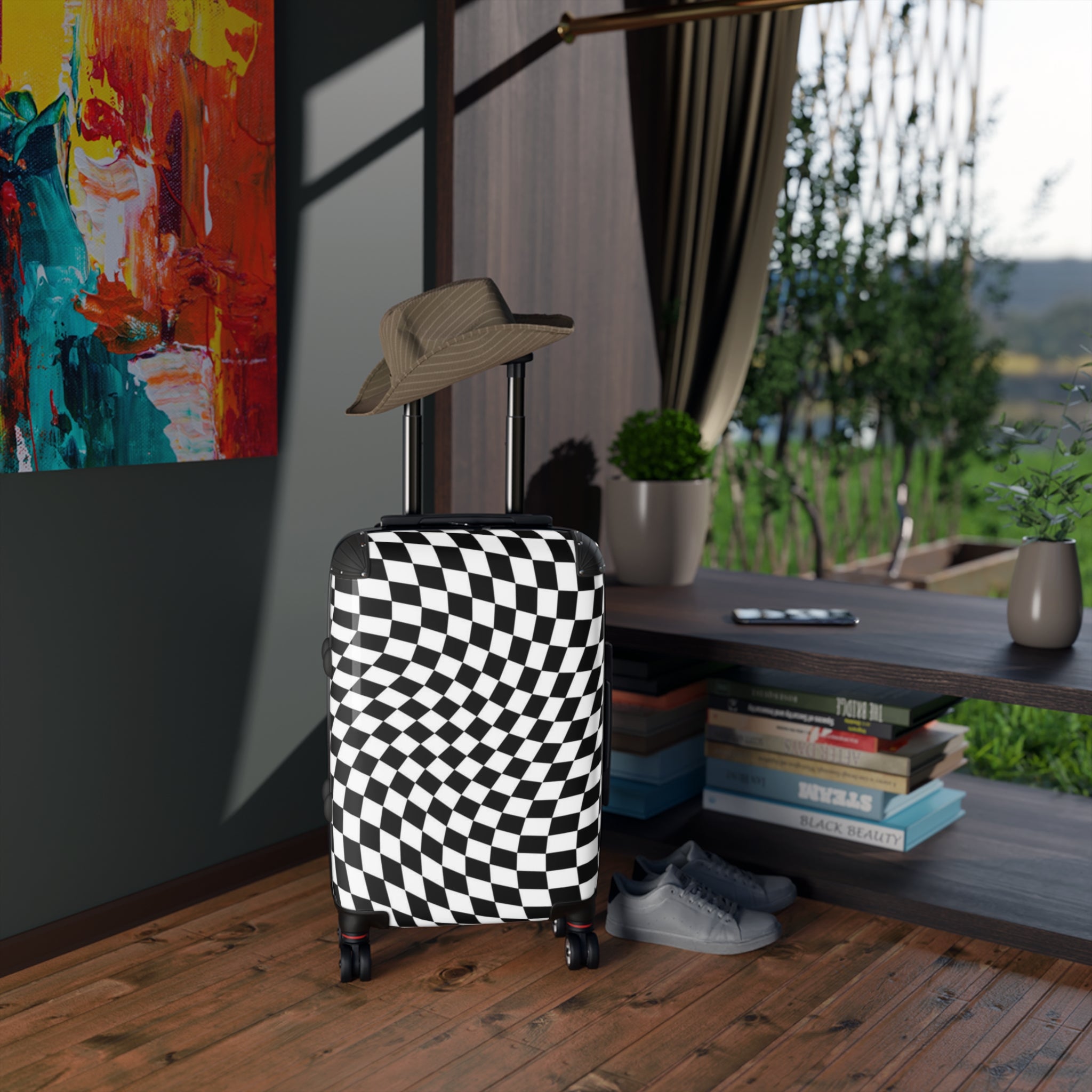 Checkerboard Optical-Illusion Suitcase — Travel Luggage