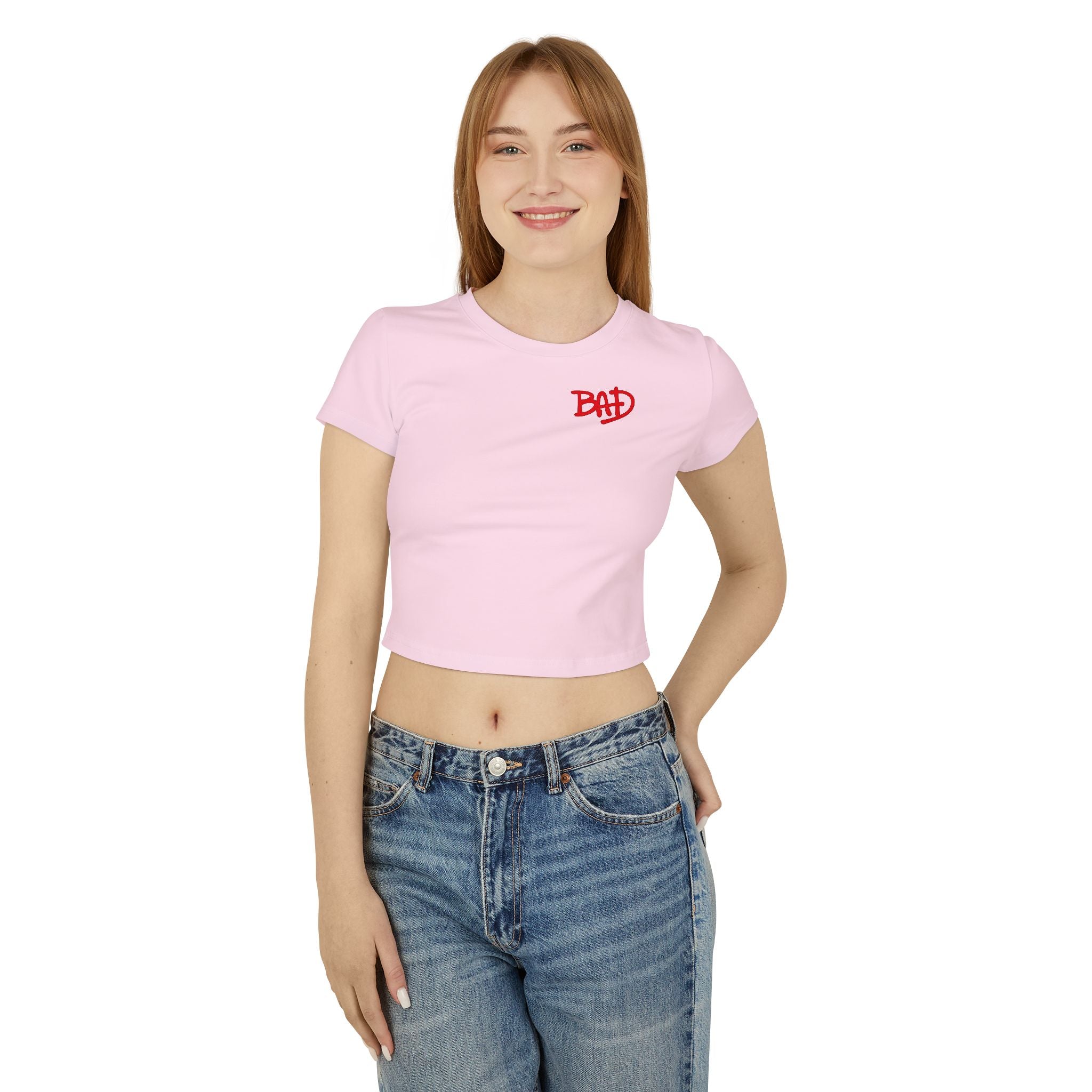 Women's Baby Tee — 'BAD' Red Logo Crop Top with Retro Dance Graphic