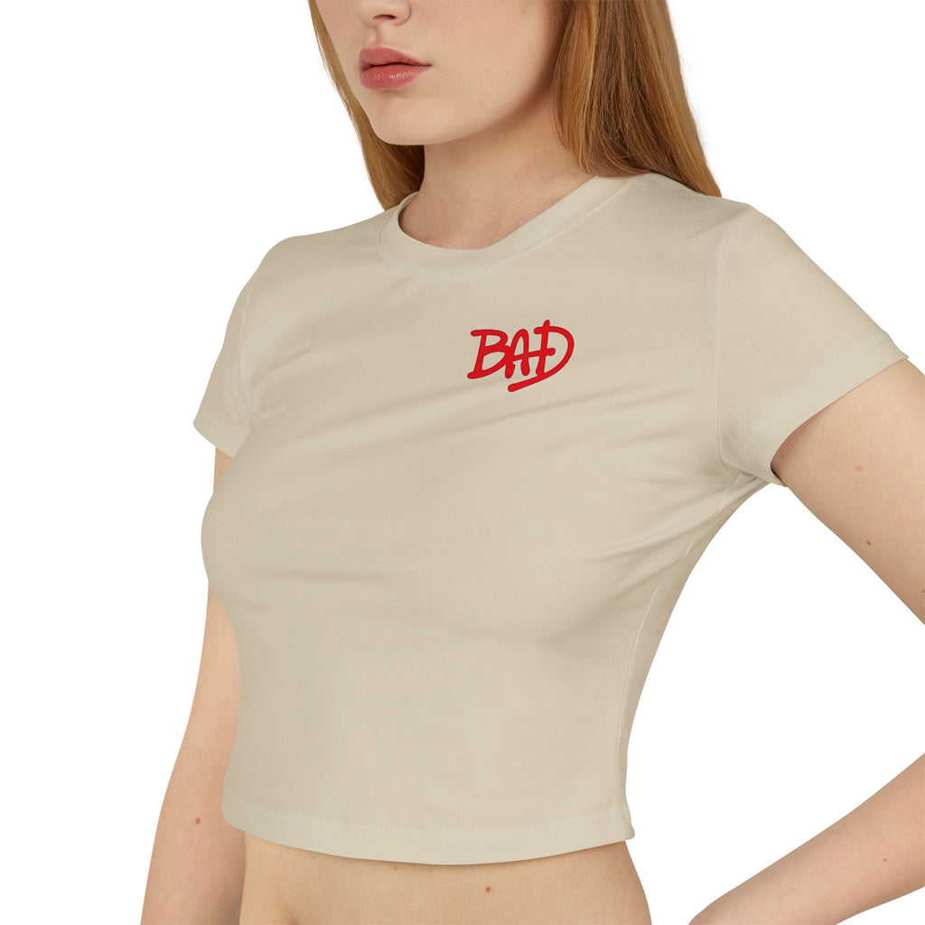Women's Baby Tee — 'BAD' Red Logo Crop Top with Retro Dance Graphic