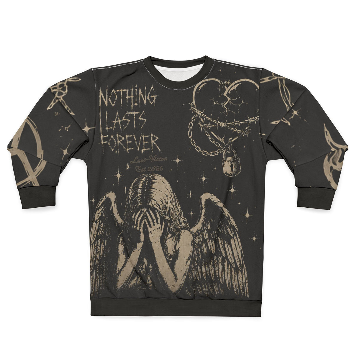 Nothing Lasts Forever Graphic Sweatshirt — Gothic Angel, Anarchy & Barbed Wire Design