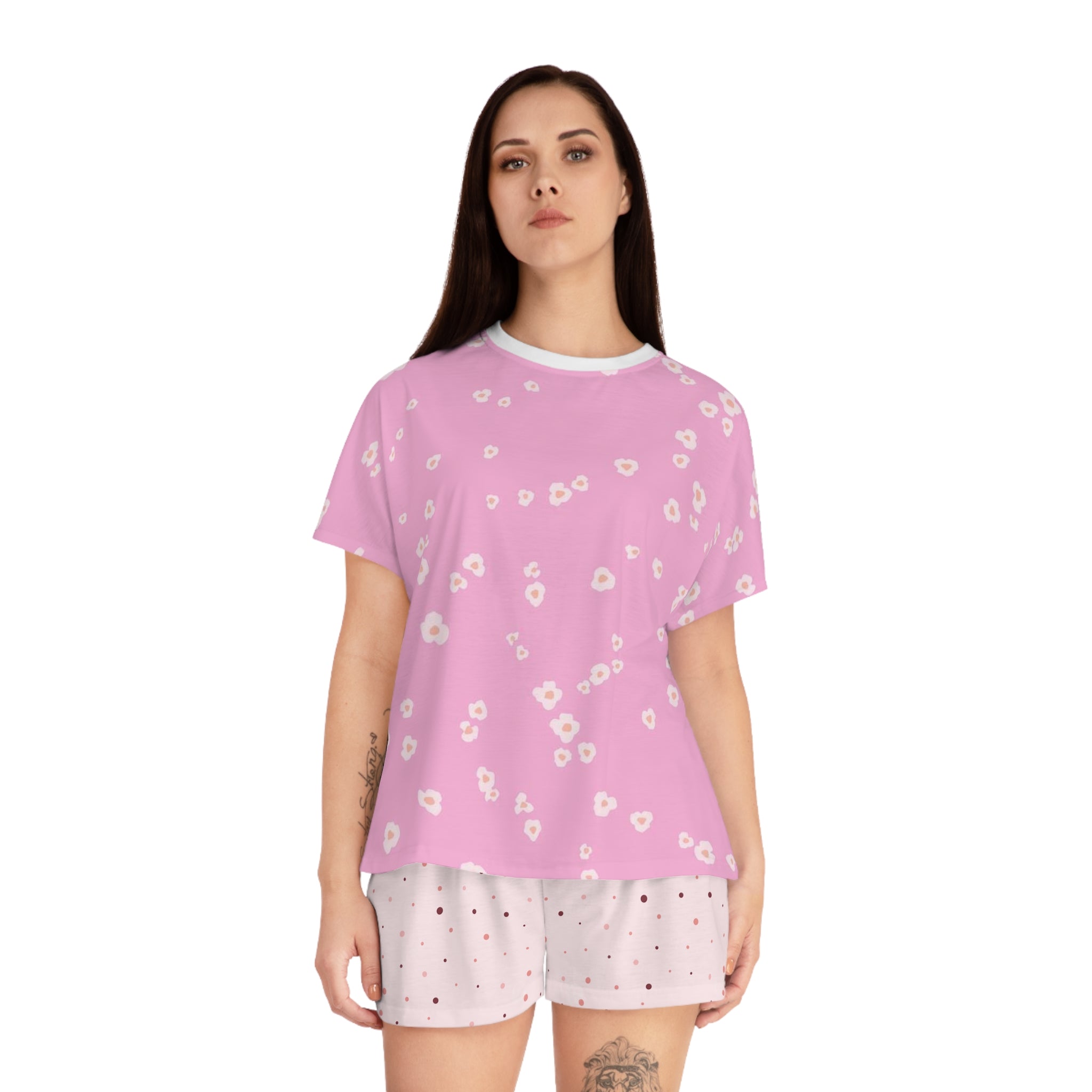 Pink Floral Women's Pajama Set — Short Sleeve Top & Star Print Shorts