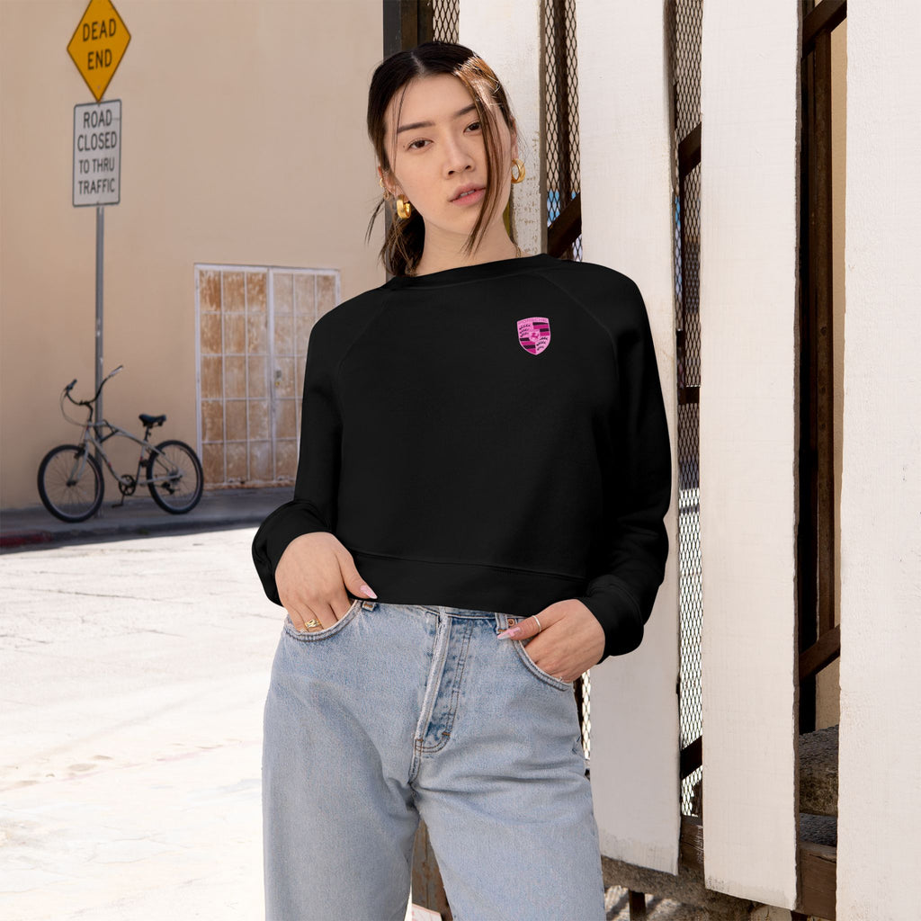 Cropped Fleece Pullover — 'Need Money for Porshe' Pink Car Graphic
