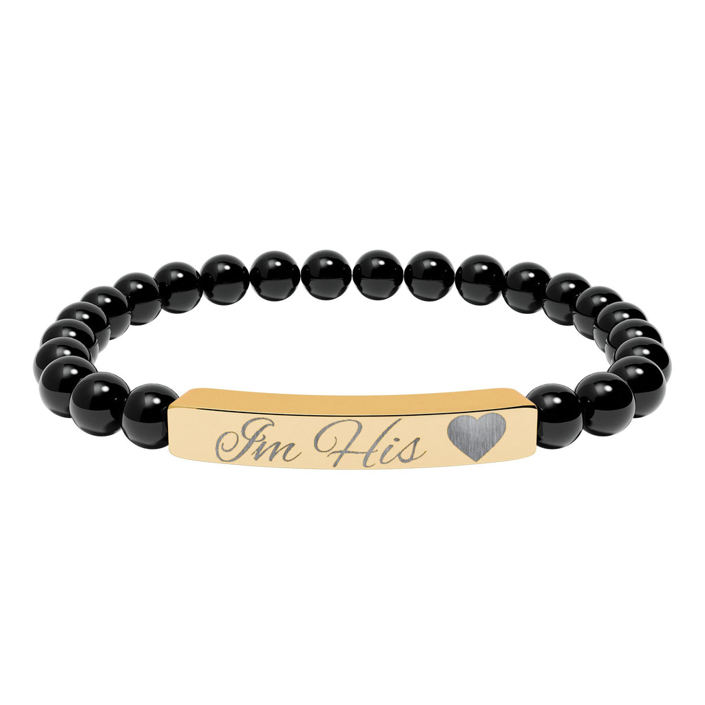 Engraved Natural Stone Stretch Bracelet — Personalized Bar with Heart