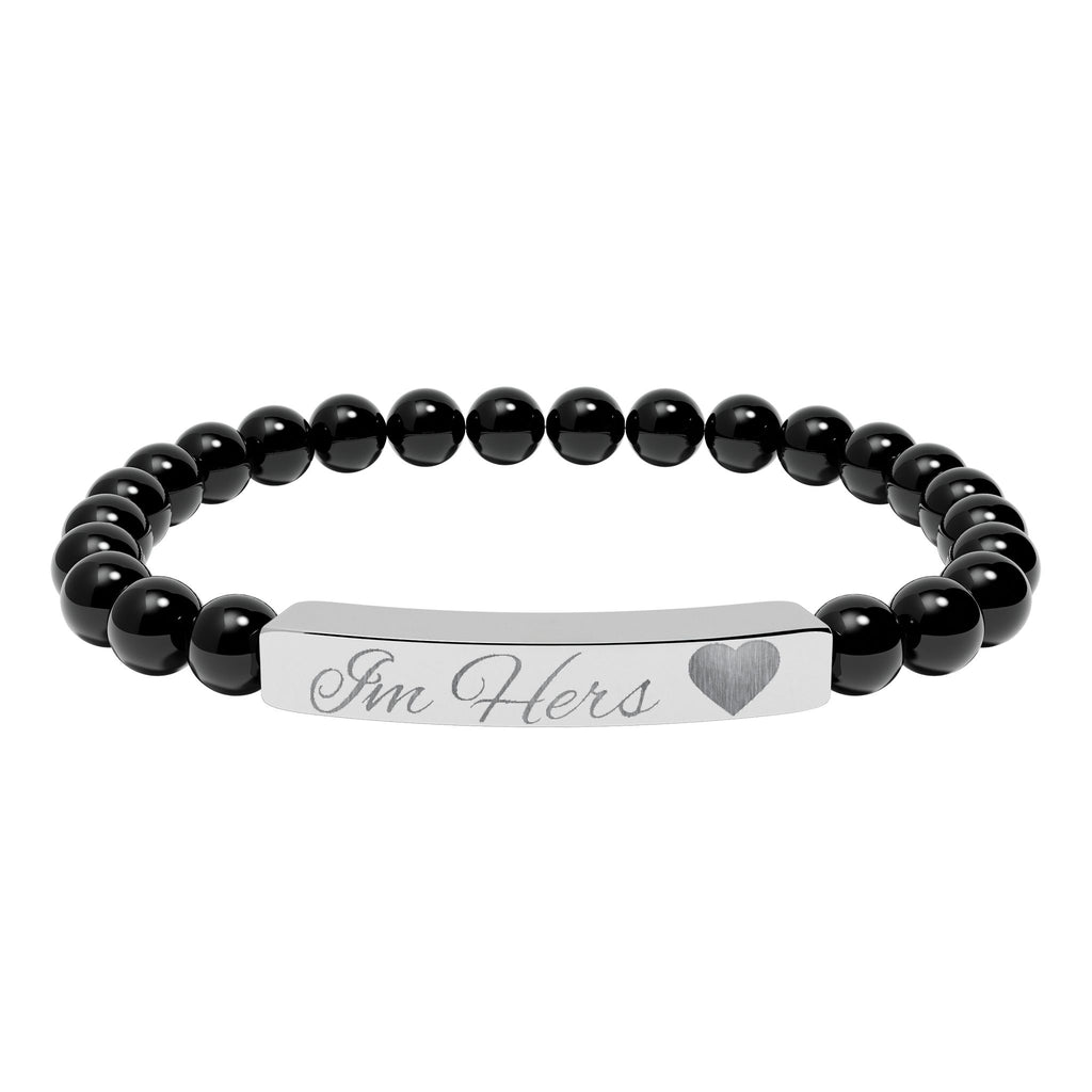 Engravable Natural Stone Bead Bar Bracelet — Personalized Heart Accent