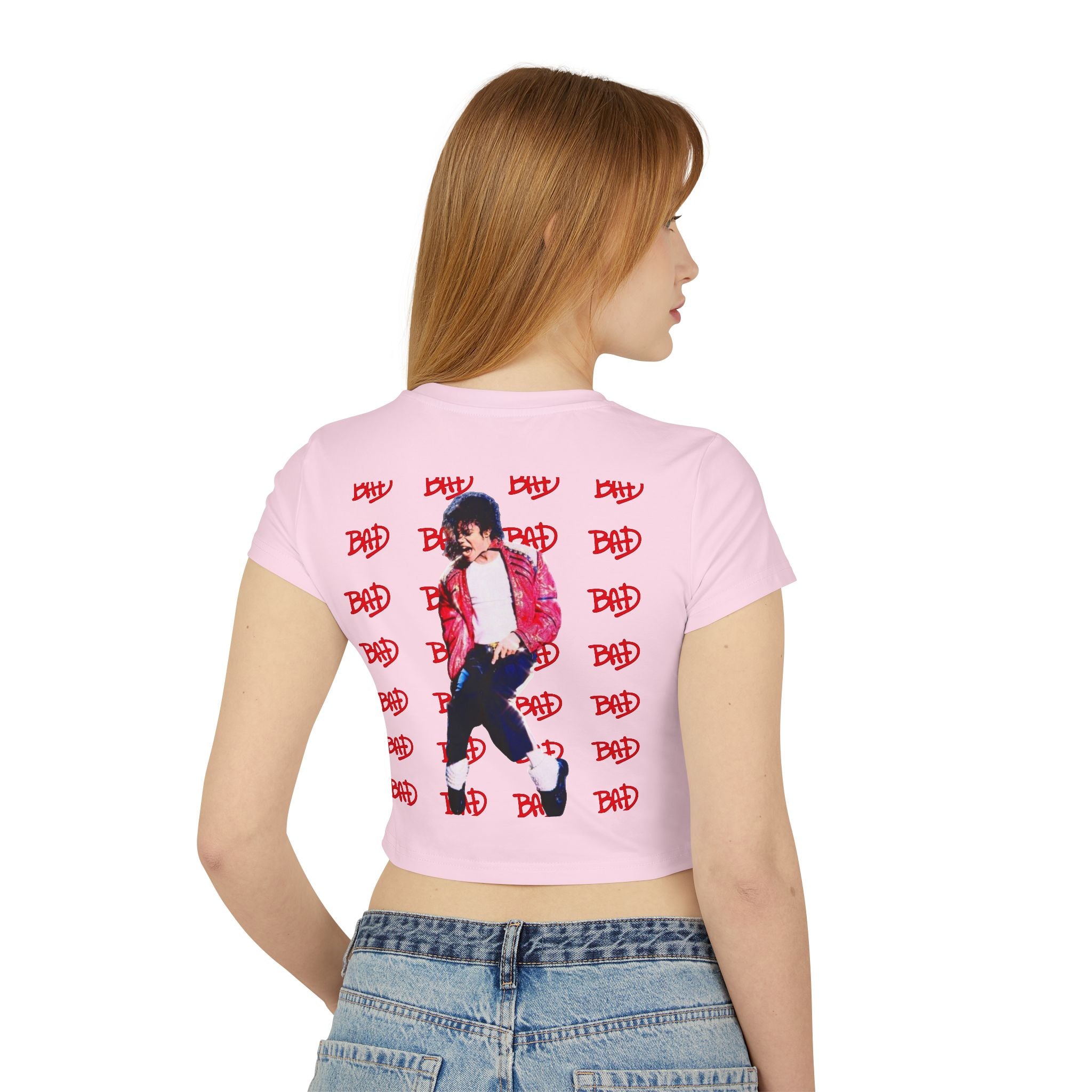 Women's Baby Tee — 'BAD' Red Logo Crop Top with Retro Dance Graphic