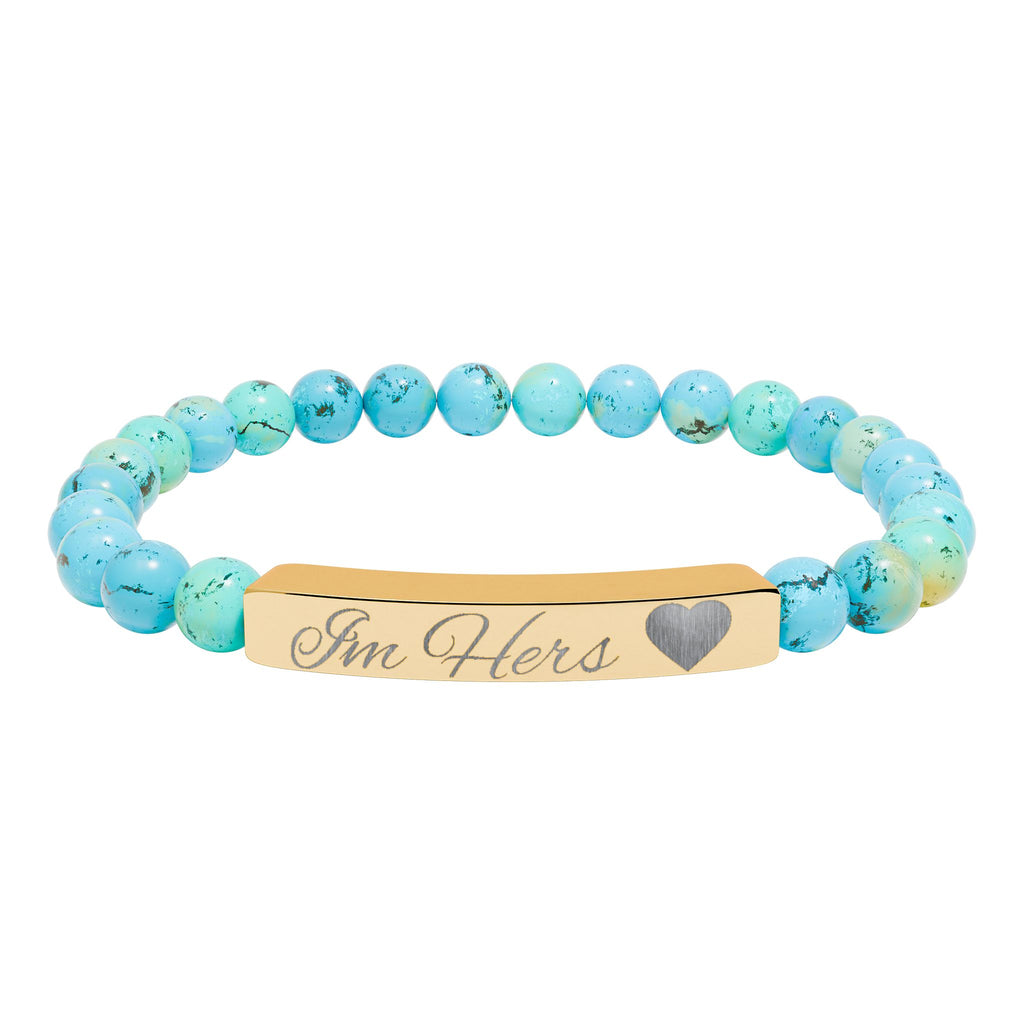 Engravable Natural Stone Bead Bar Bracelet — Personalized Heart Accent