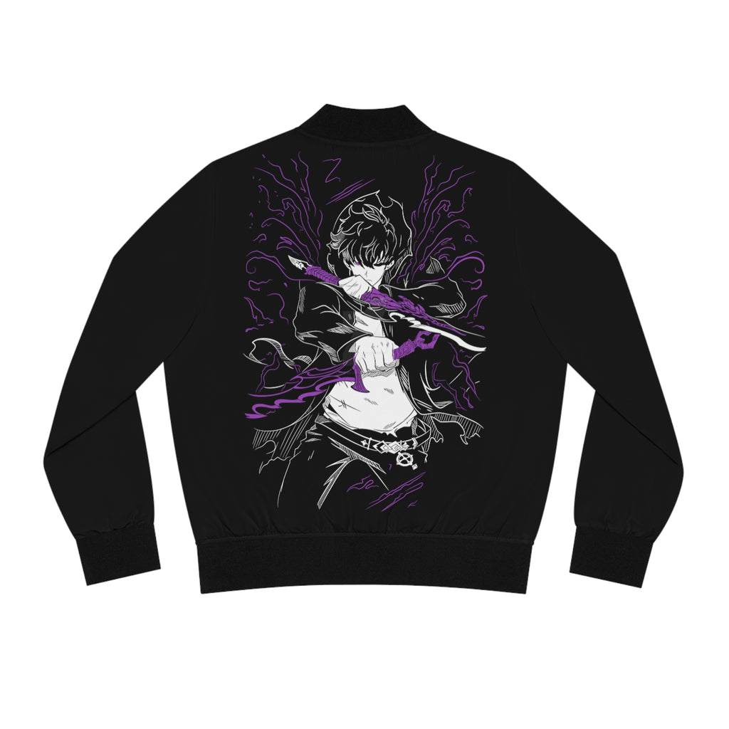 Anime solo leveling Swordswoman Bomber Jacket — Black & Purple Graphic