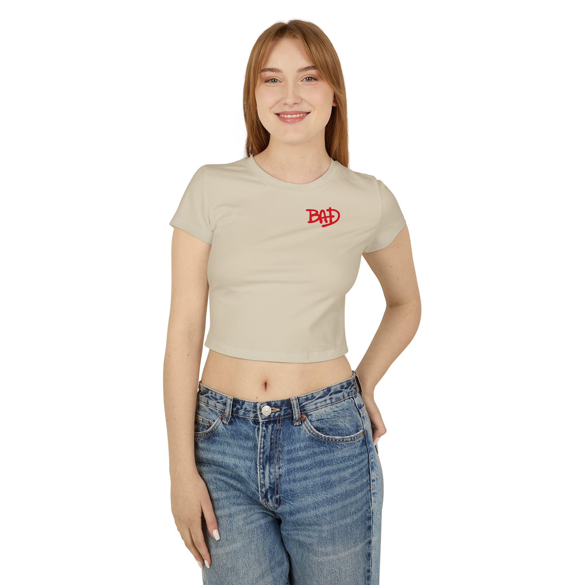 Women's Baby Tee — 'BAD' Red Logo Crop Top with Retro Dance Graphic