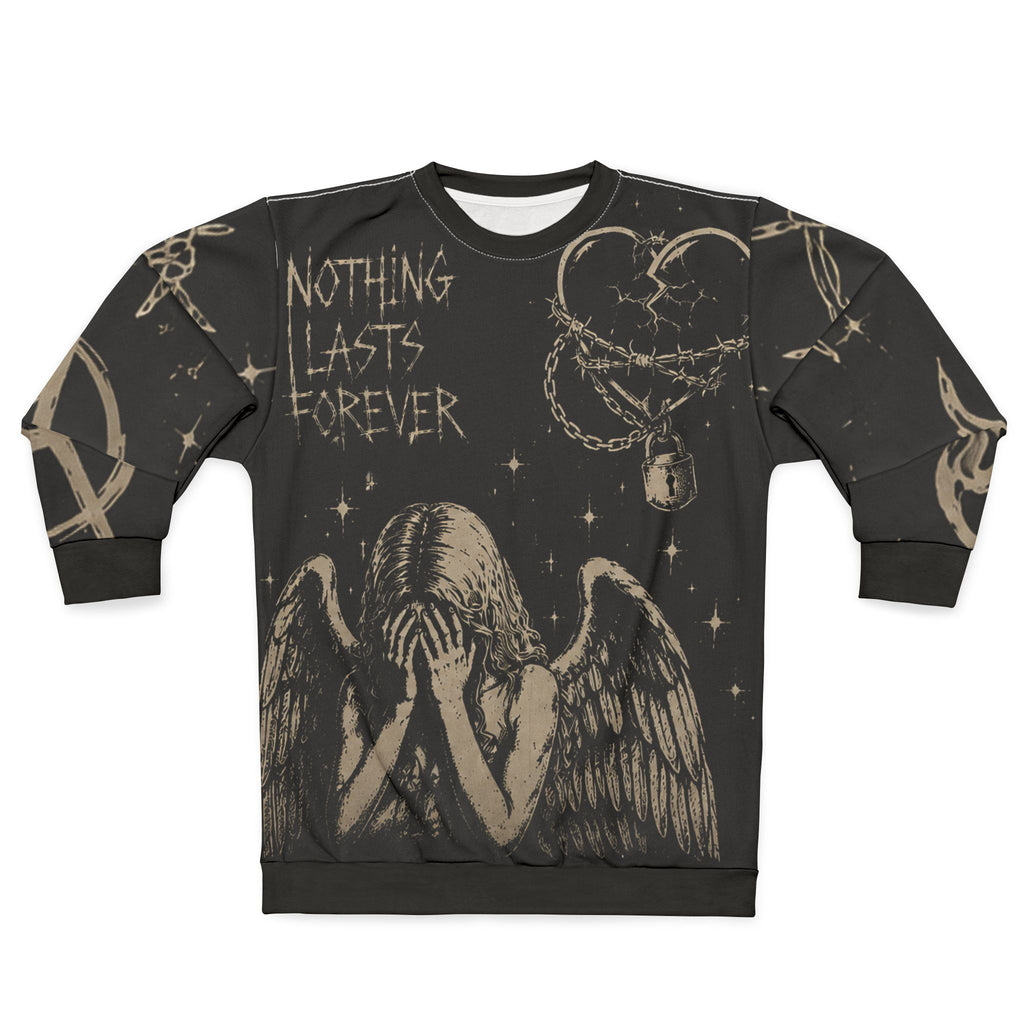 Nothing Lasts Forever Graphic Sweatshirt — Gothic Angel, Anarchy & Barbed Wire Design