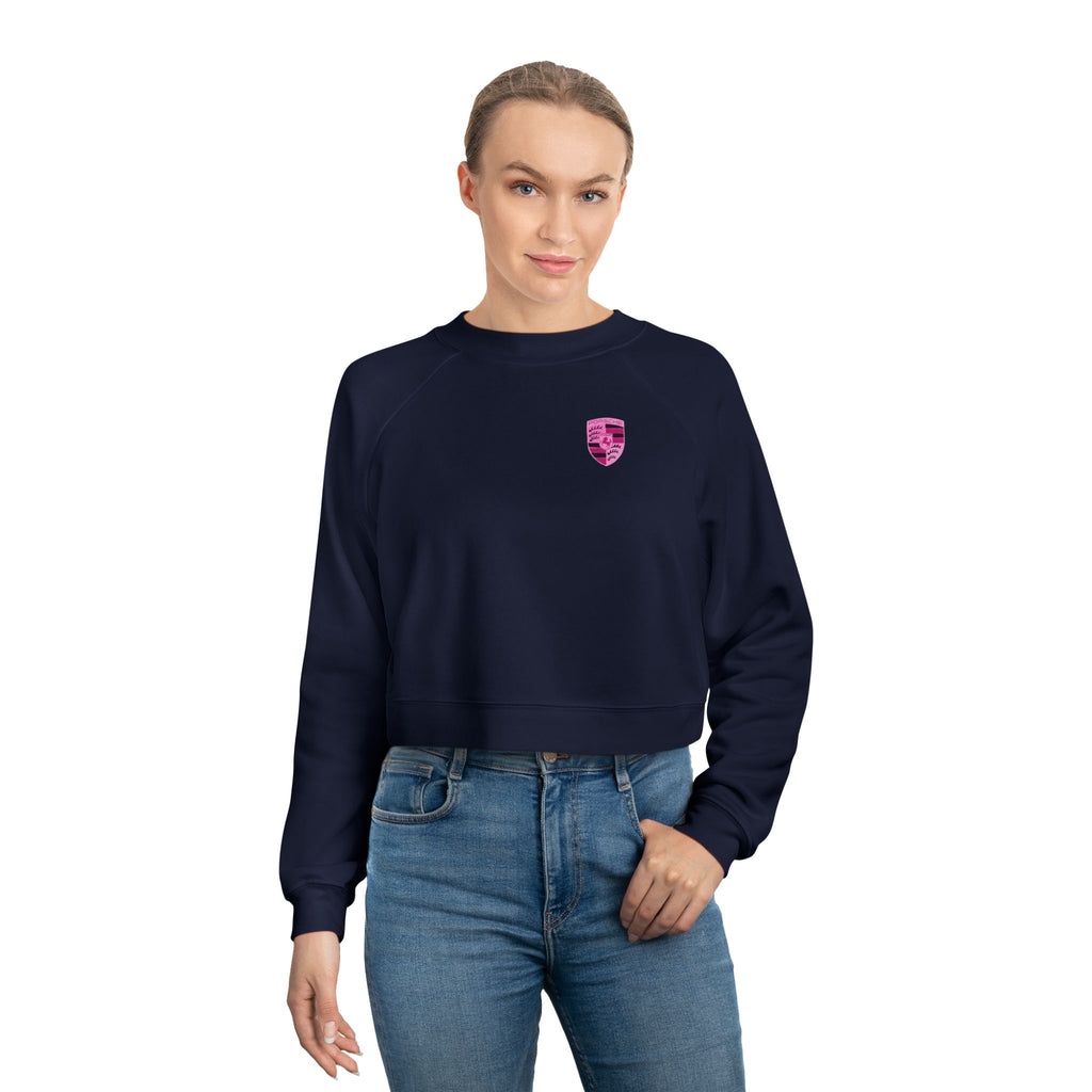 Cropped Fleece Pullover — 'Need Money for Porshe' Pink Car Graphic