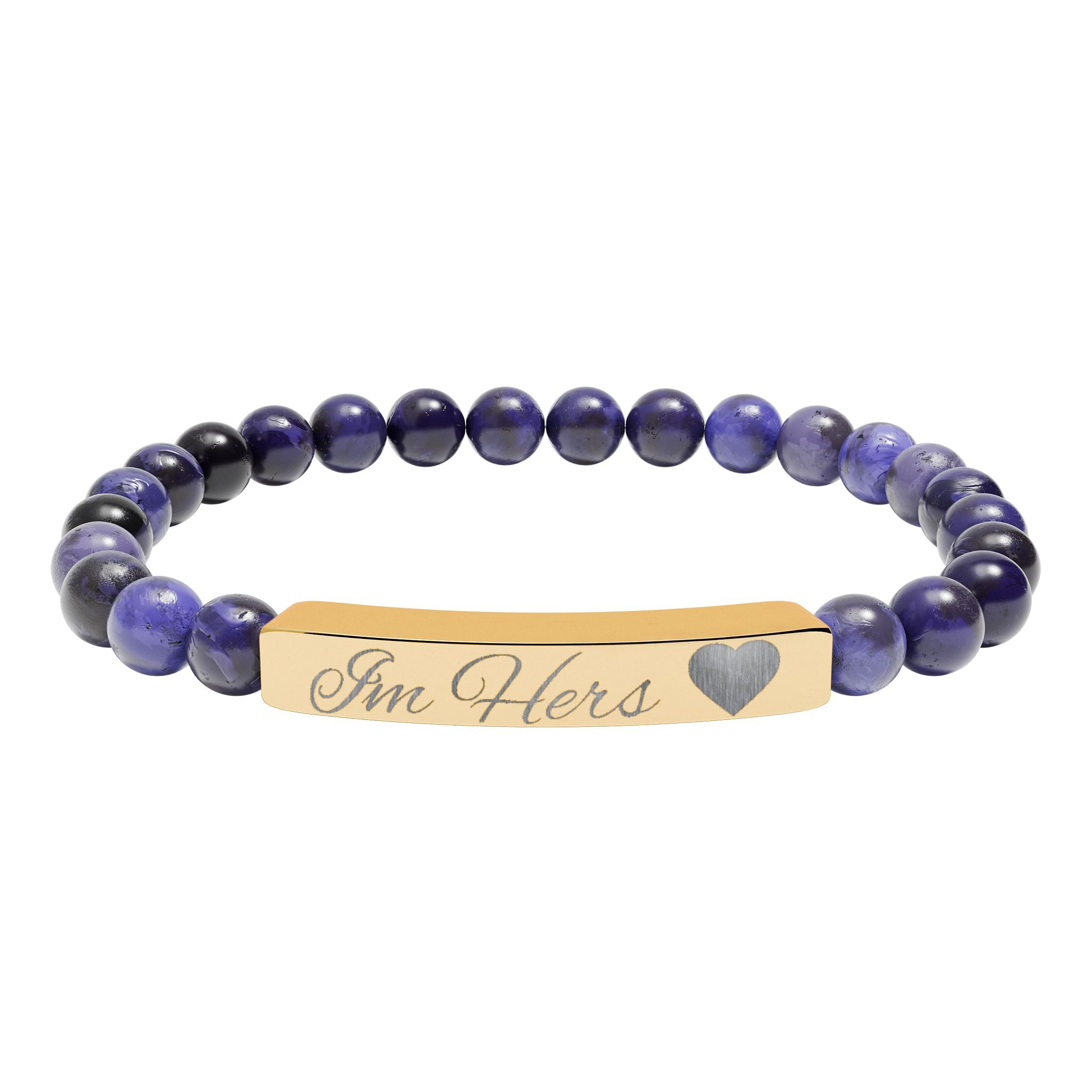 Engravable Natural Stone Bead Bar Bracelet — Personalized Heart Accent